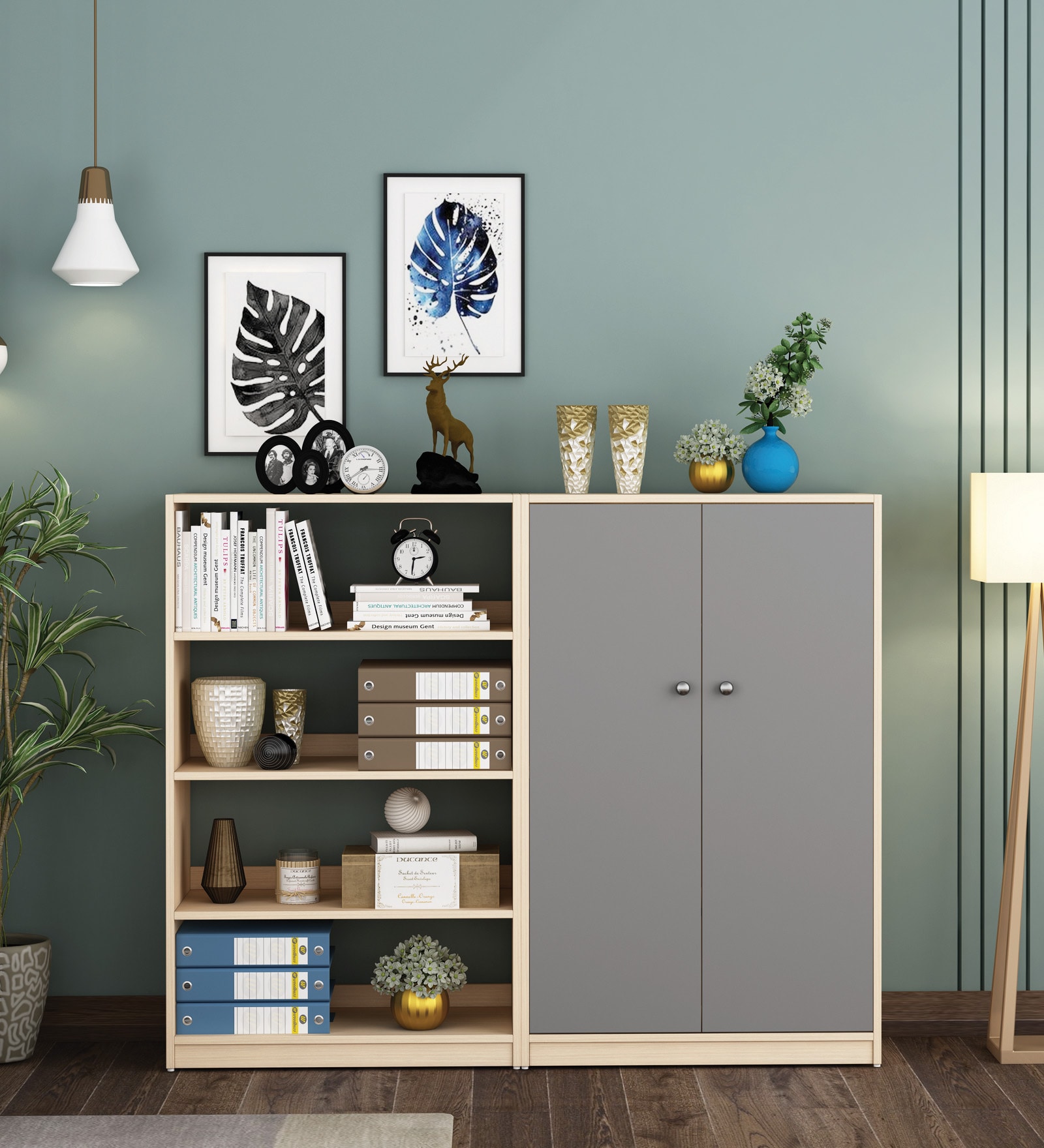 Alcott Bookshelf In Beige Teak and Grey Finish