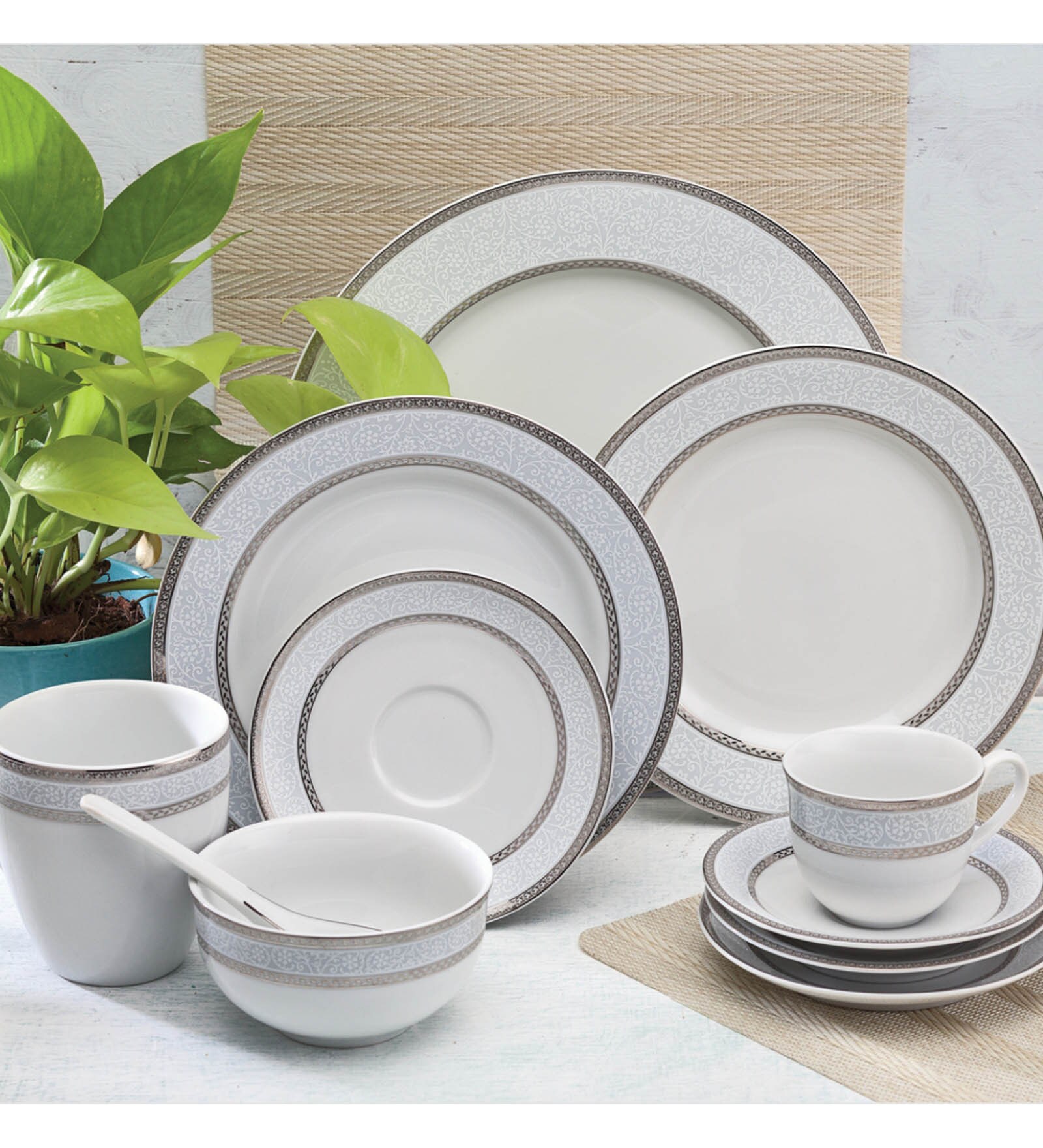 Buy Celestial Grey Spring Platinum Fine Porcelain Dinner Set Set of 33