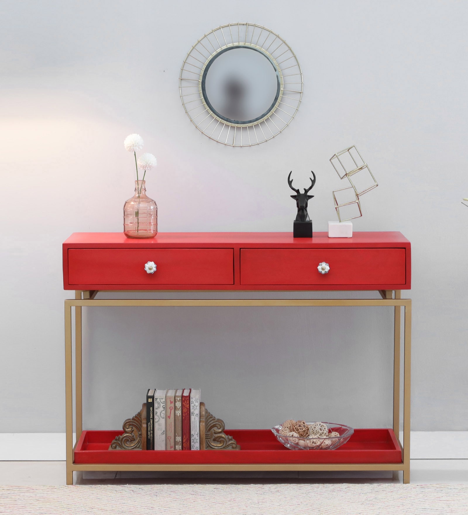 Alex Solid Wood Console Table in Red & Golden Finish