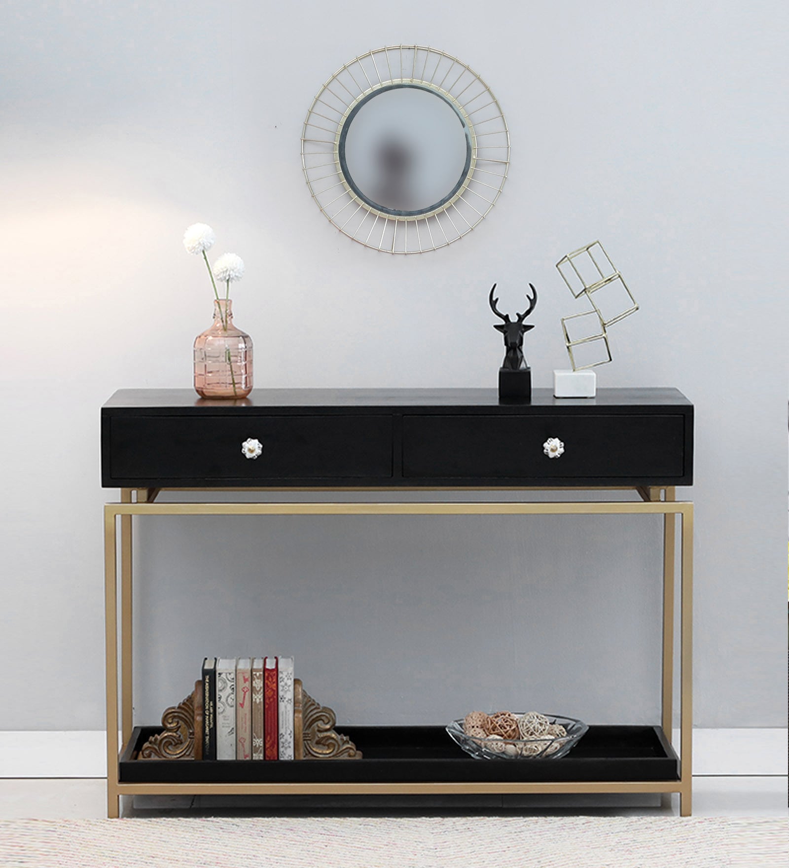 Alex Solid Wood Console Table In Black & Gold Finish