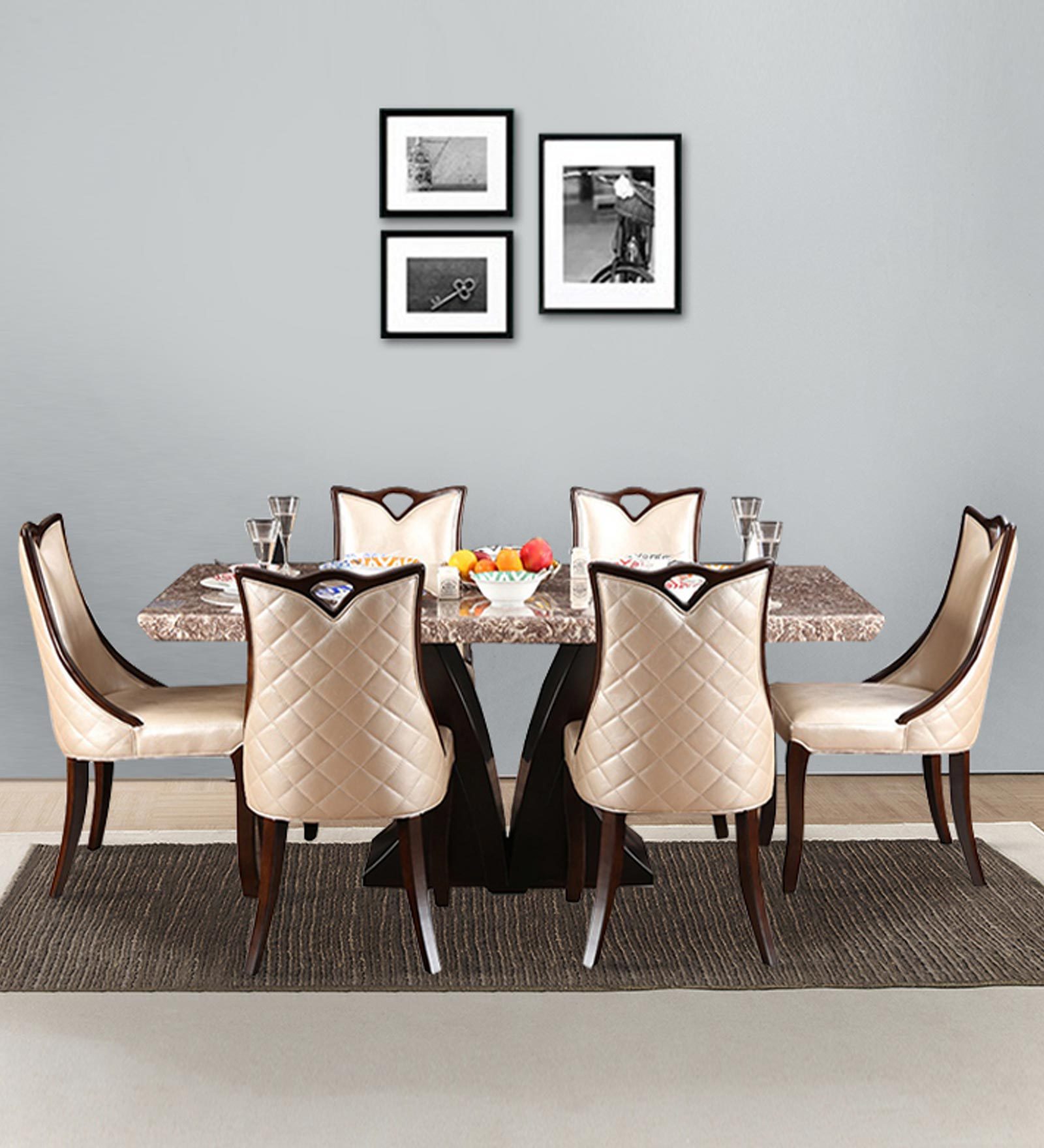Buy Alexandria Marble Top Six Seater Dining Set in Walnut Colour by