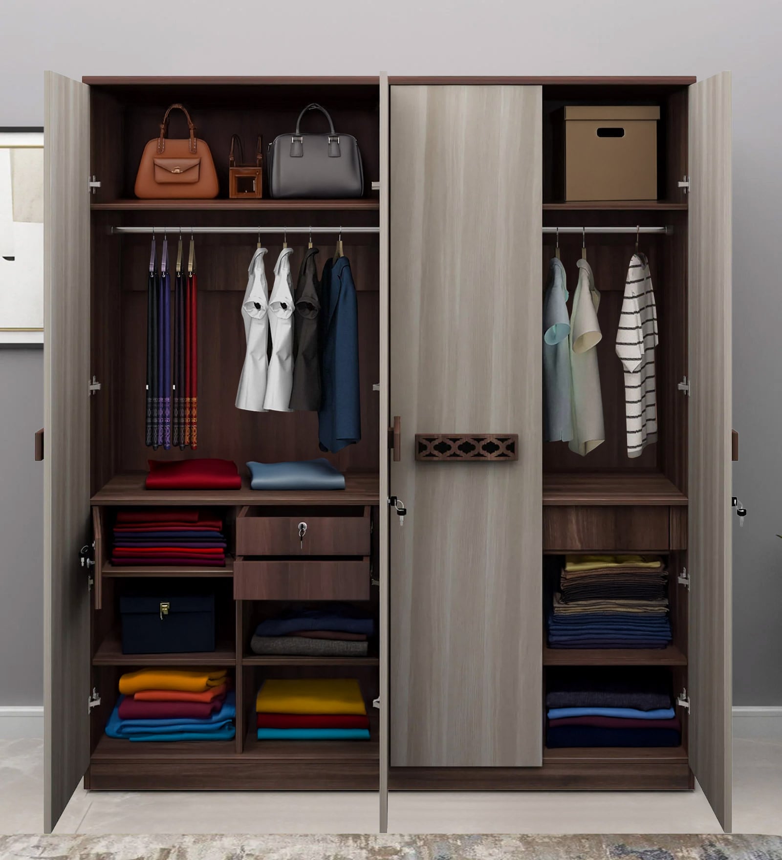 Alicia 4 Door Wardrobe In Walnut Colour With Drawer & Locker