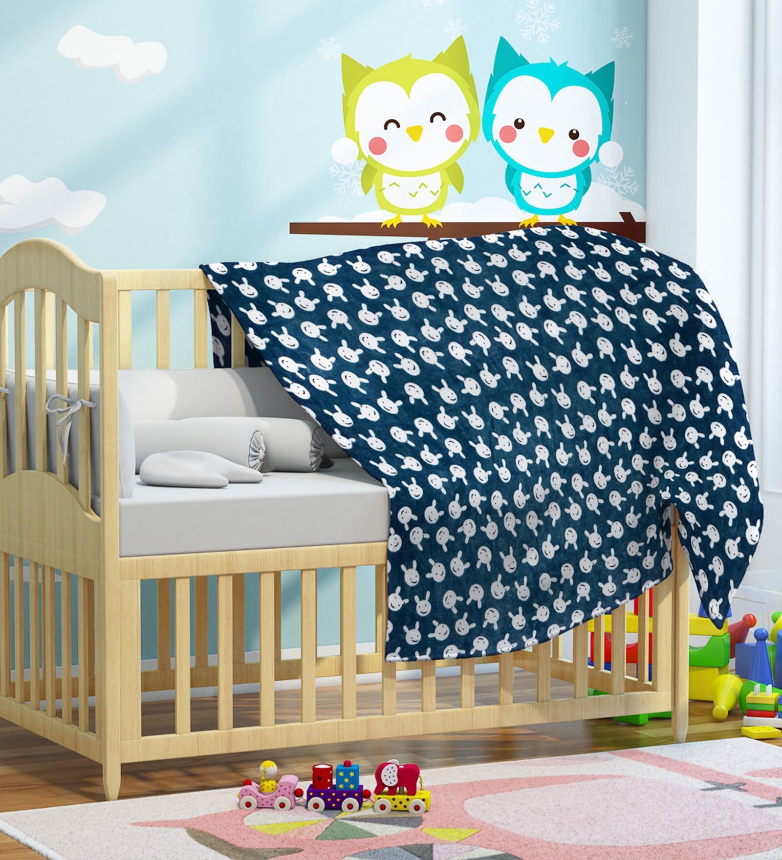 Blue & White Rabbit Cotton Crib Blanket