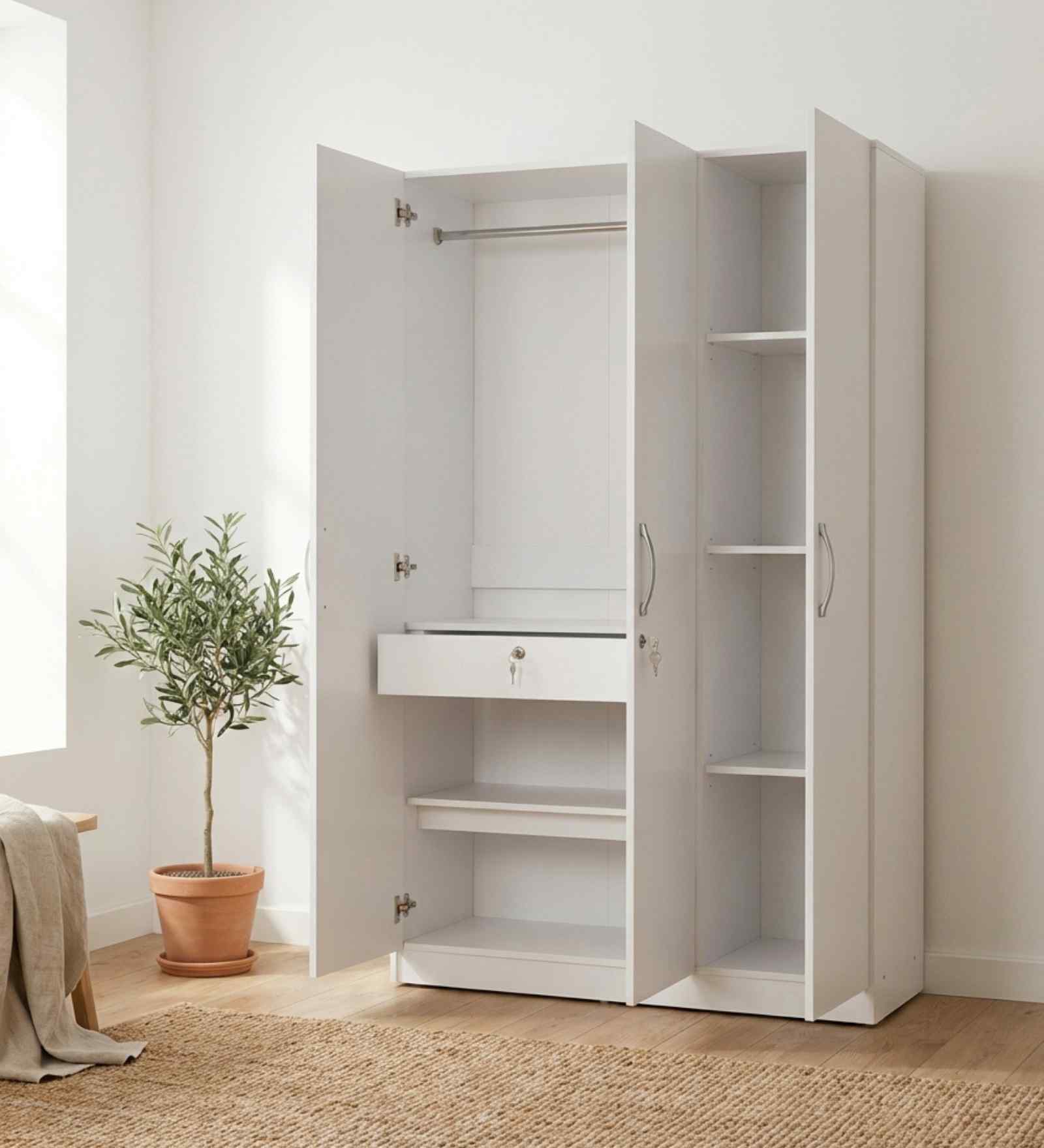 Allen Plus 3 Door Wardrobe In White Finish