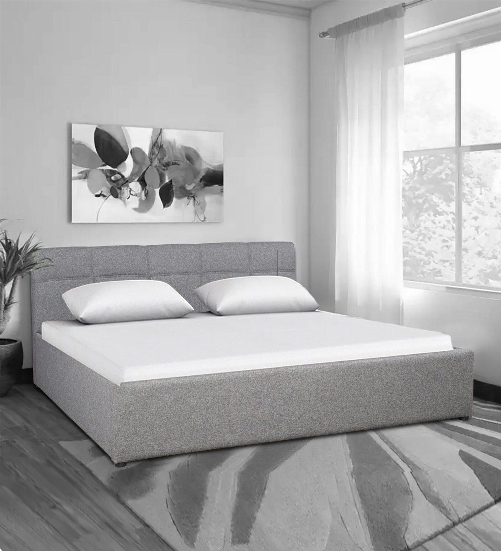 Allen Queen Size Upholstered Bed with Storage in Grey Colour