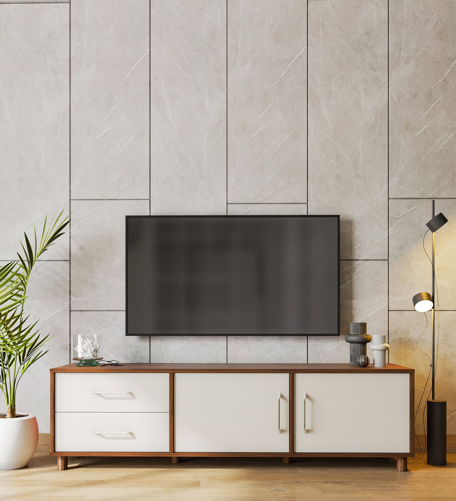 Allie TV Console In Columbian Walnut & Pumic Grey Colour