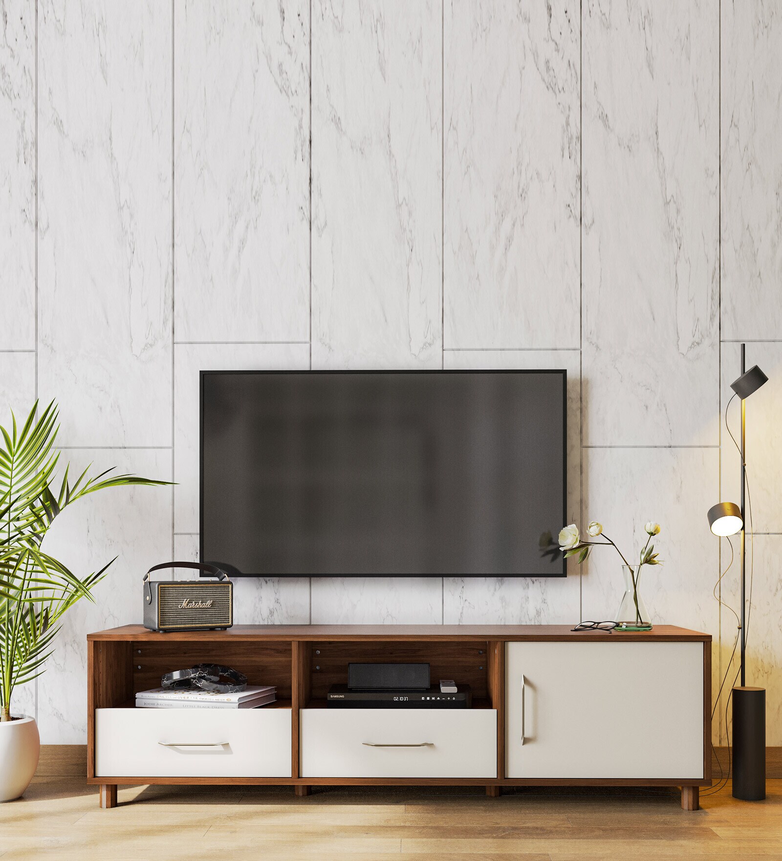 Allie TV Console In Columbian Walnut & Pumic Grey Colour