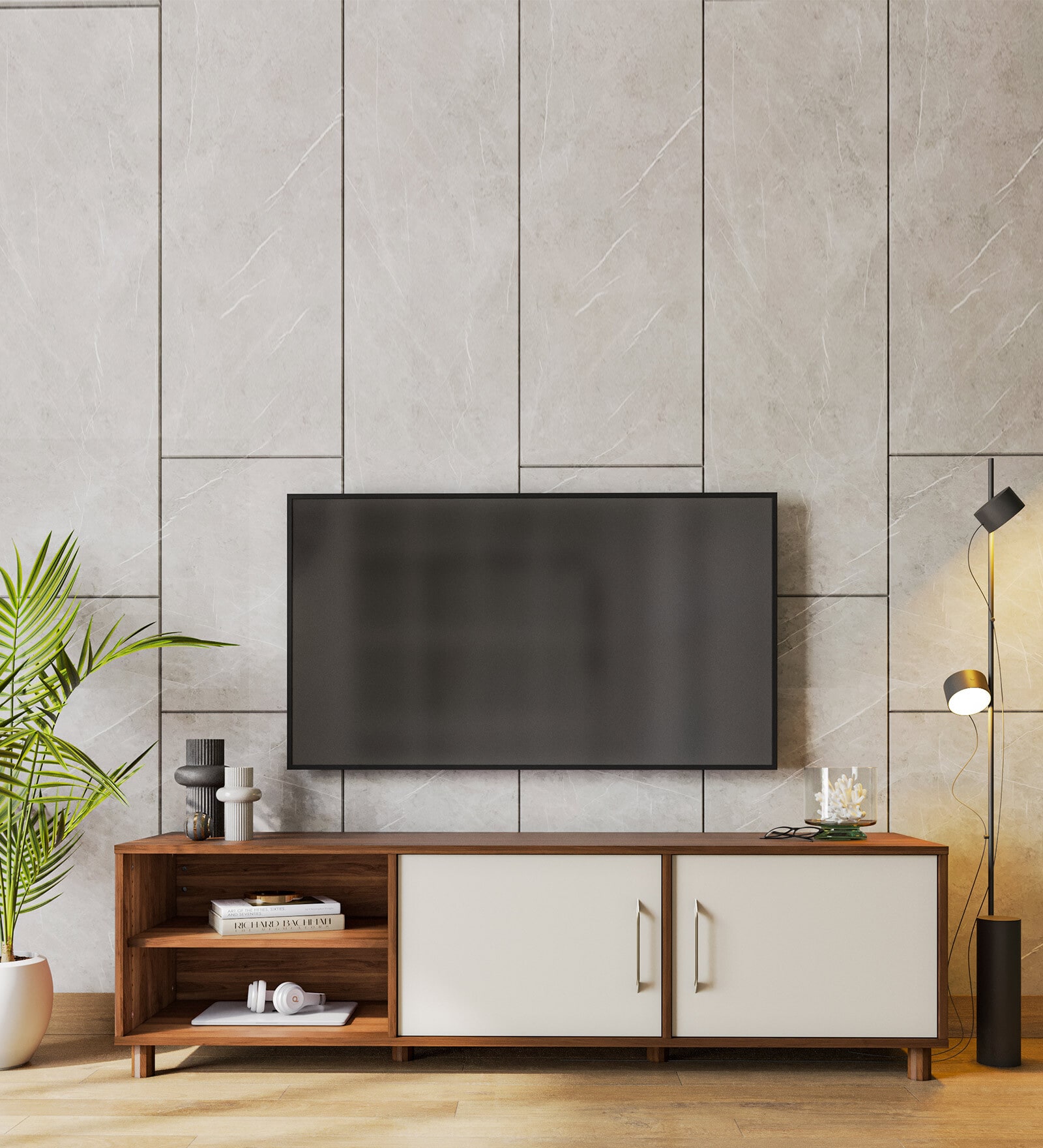Allie TV Console In Columbian Walnut & Pumic Grey Colour
