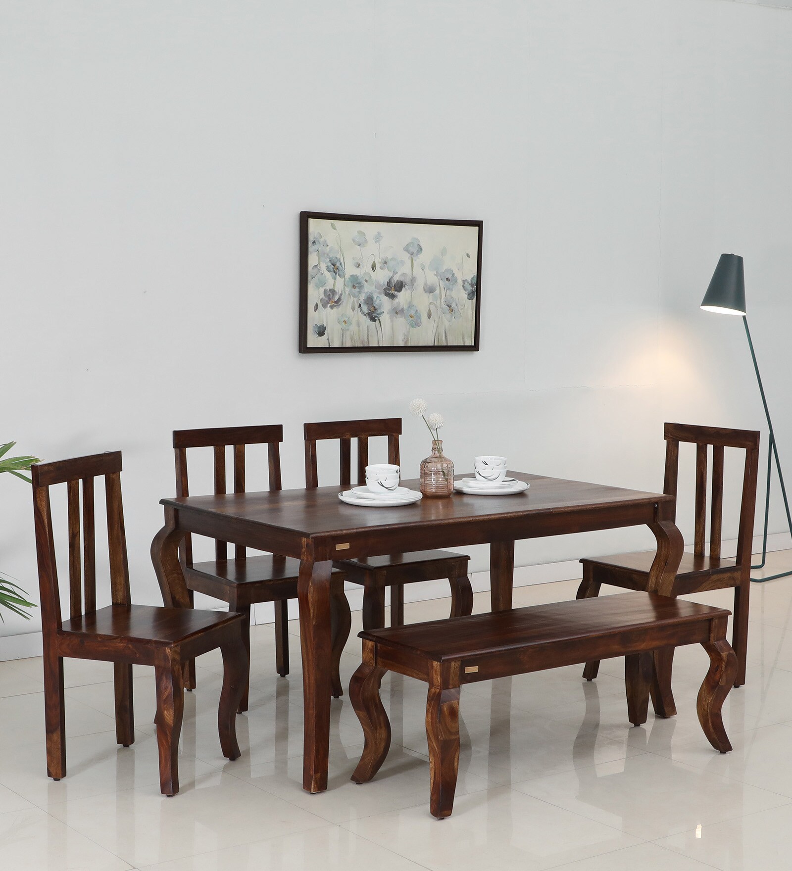 Allier Sheesham Wood 6 Seater Dining Set in Scratch Resistant Provincial Teak Finish With Bench