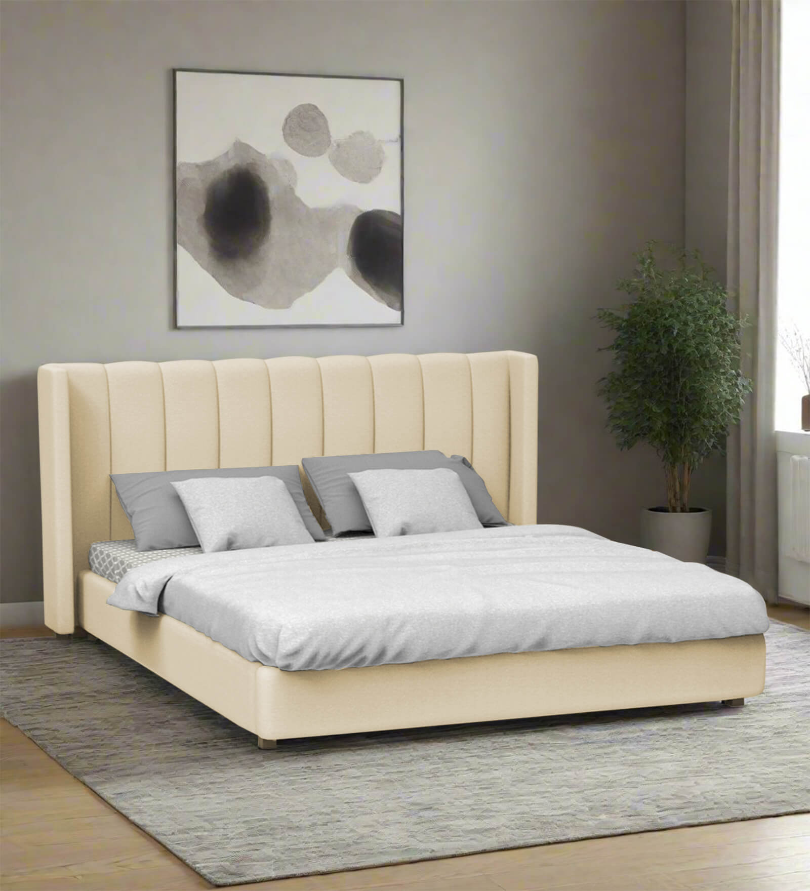 Allison Velvet King Size Bed in Beige Colour