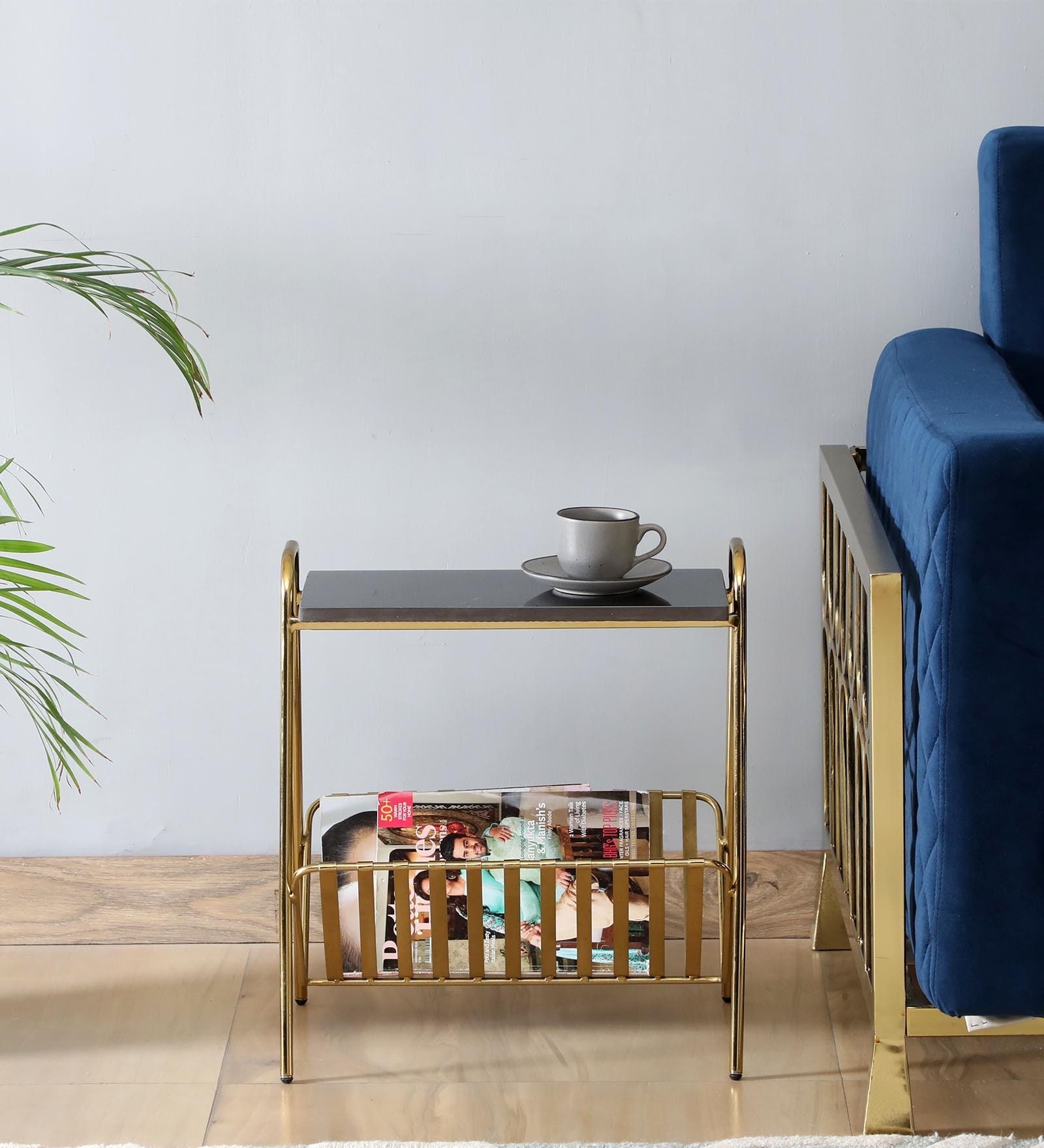 Allonso Metal End Table & Magazine Holder with Black Porcelain Top