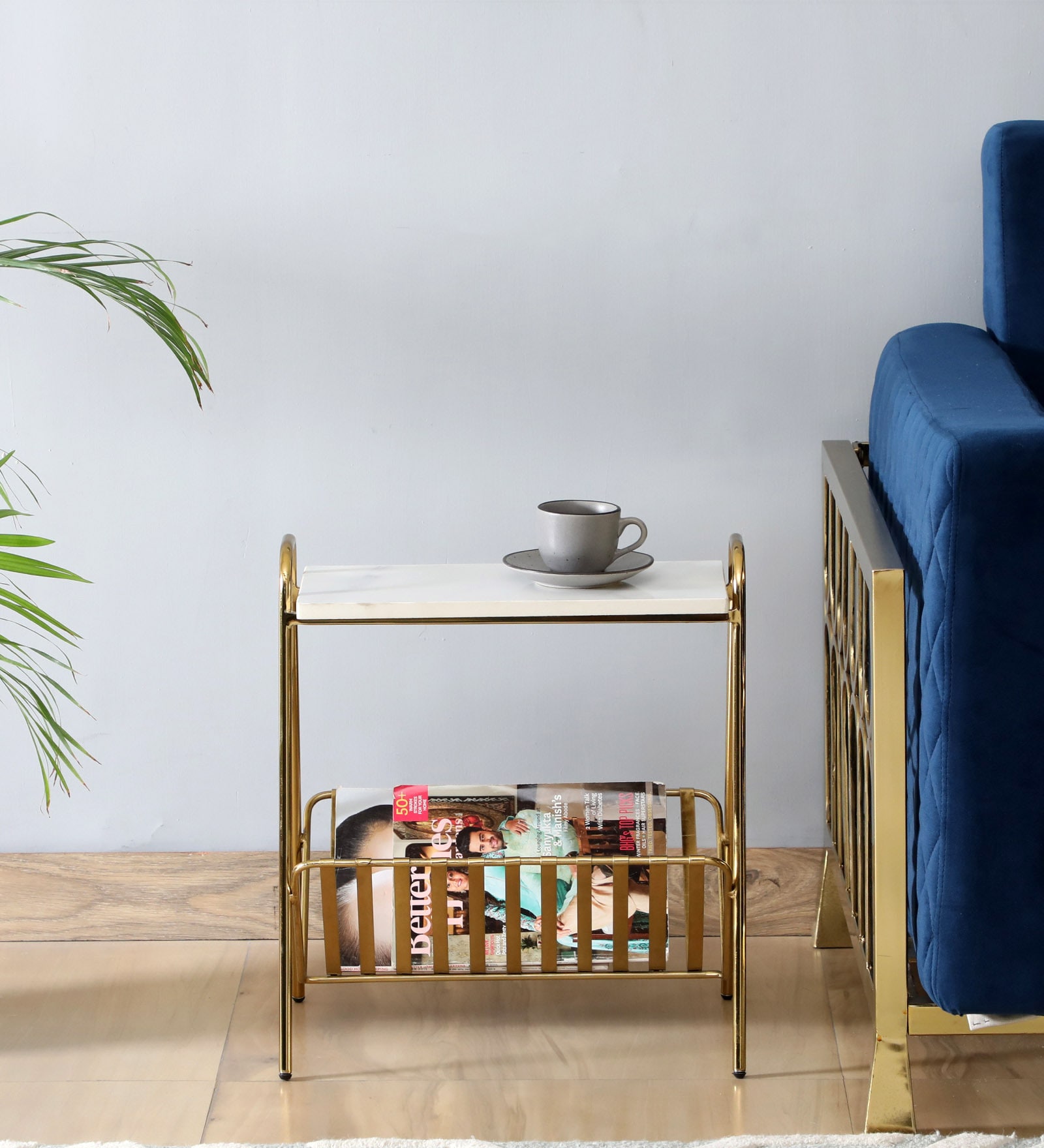 Allonso Metal End Table & Magazine Holder with Porcelain Top