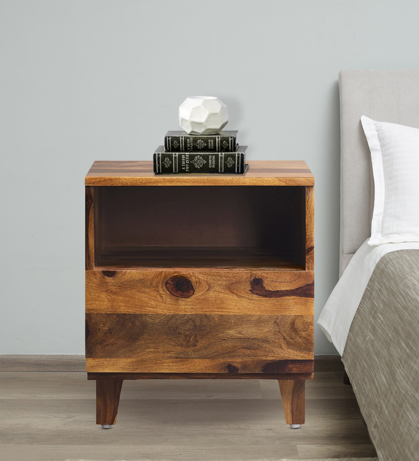 Ally Sheesham Wood Bedside Table in Provincial Teak Finish with Drawer