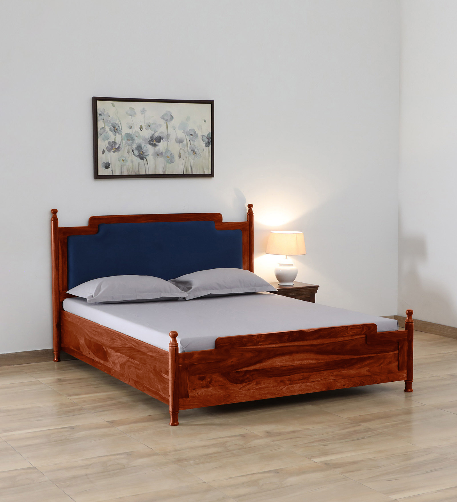 Almer Sheesham Wood Queen Size Bed in Scratch Resistant Honey Oak Finish With Box Storage