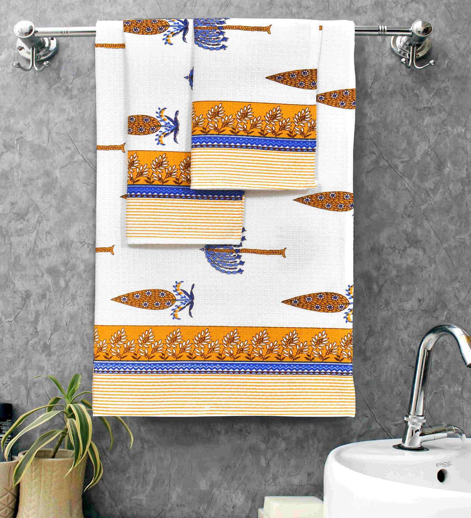 Almond Madhuban Floral Waffle Cotton 250 GSM Bath & Hand Towel Set
