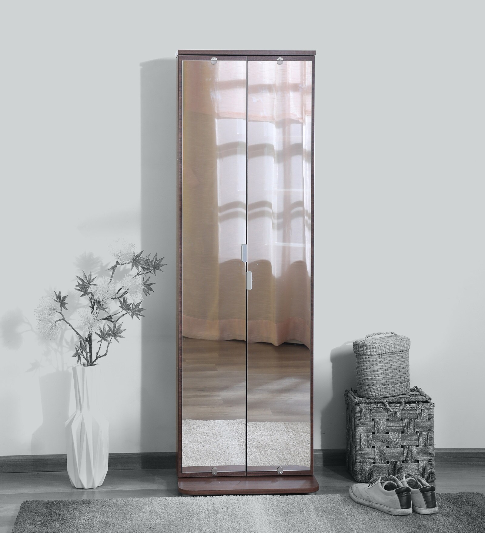 Alonzo Shoe Rack with Mirror in Brown Colour