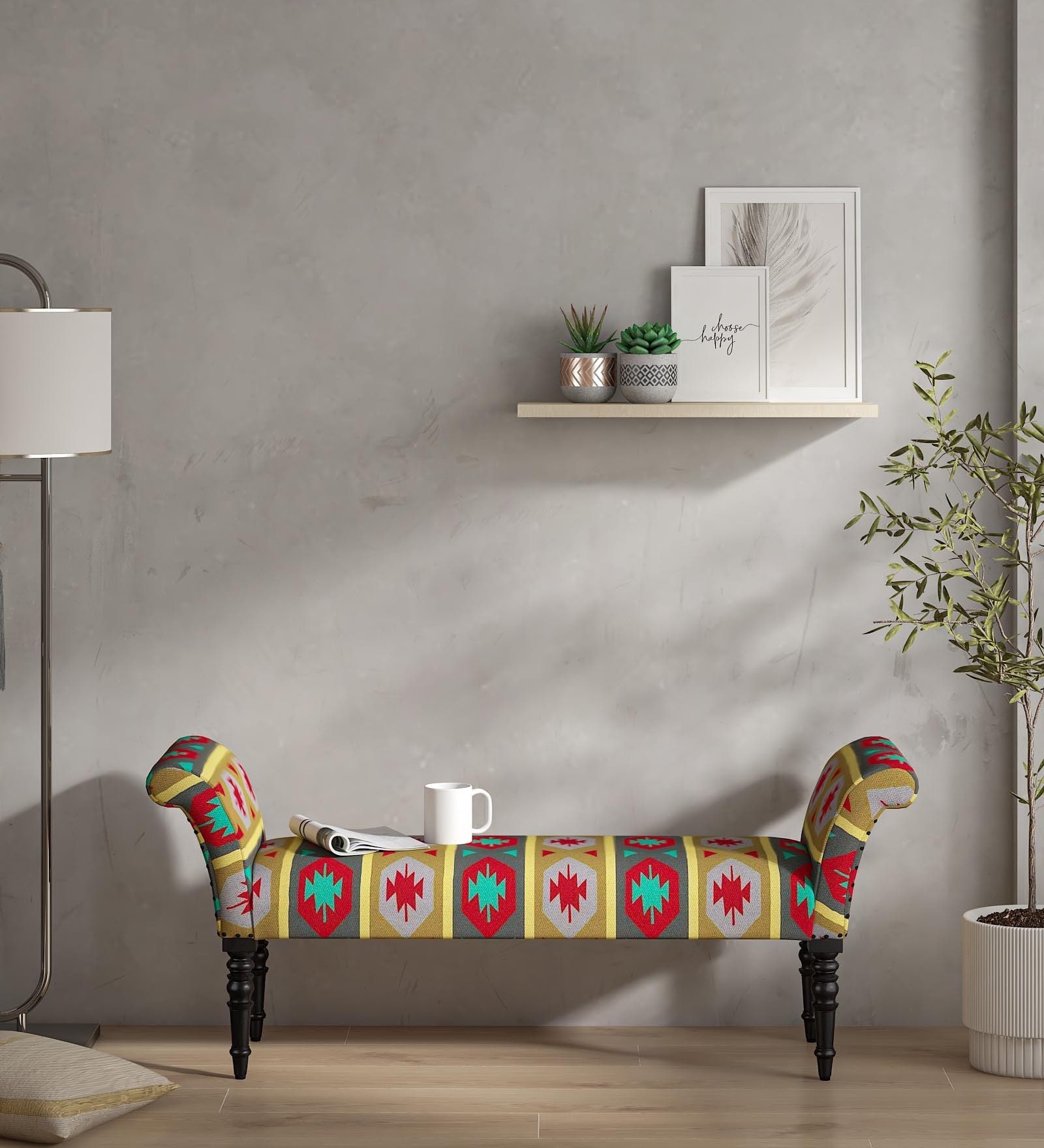 Alpana Upholstered Recamier in Provincial Teak Finish Alpana Upholstered Recamier in Provincial Teak Finish