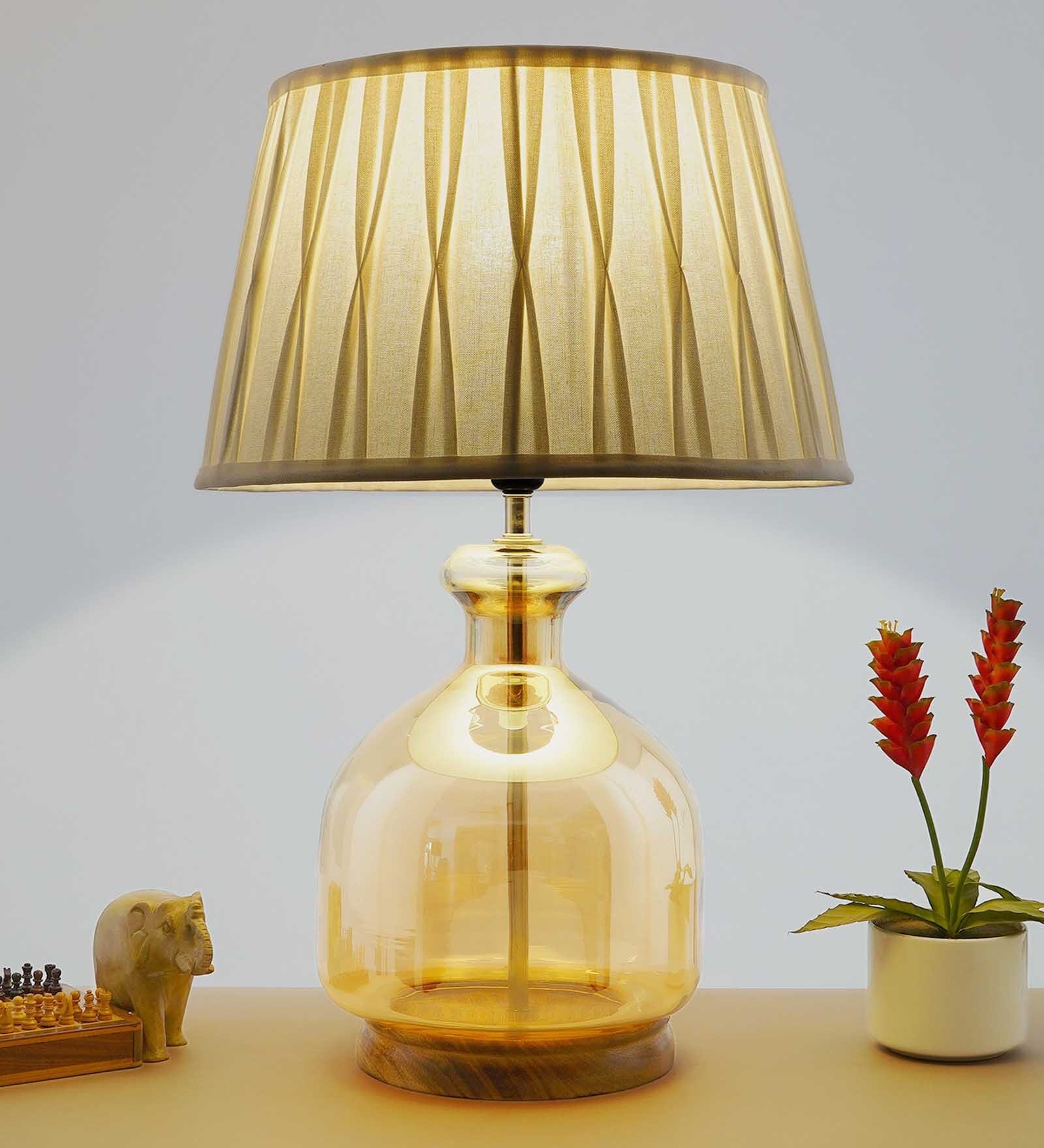 Mendeleev White Cotton Fabric Shade Night Lamp With Metal & Glass Base