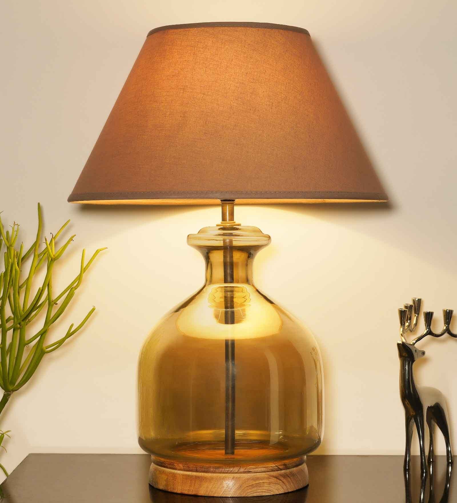Daisy Beige Cotton Shade Night Lamp With Glass & Wood Base