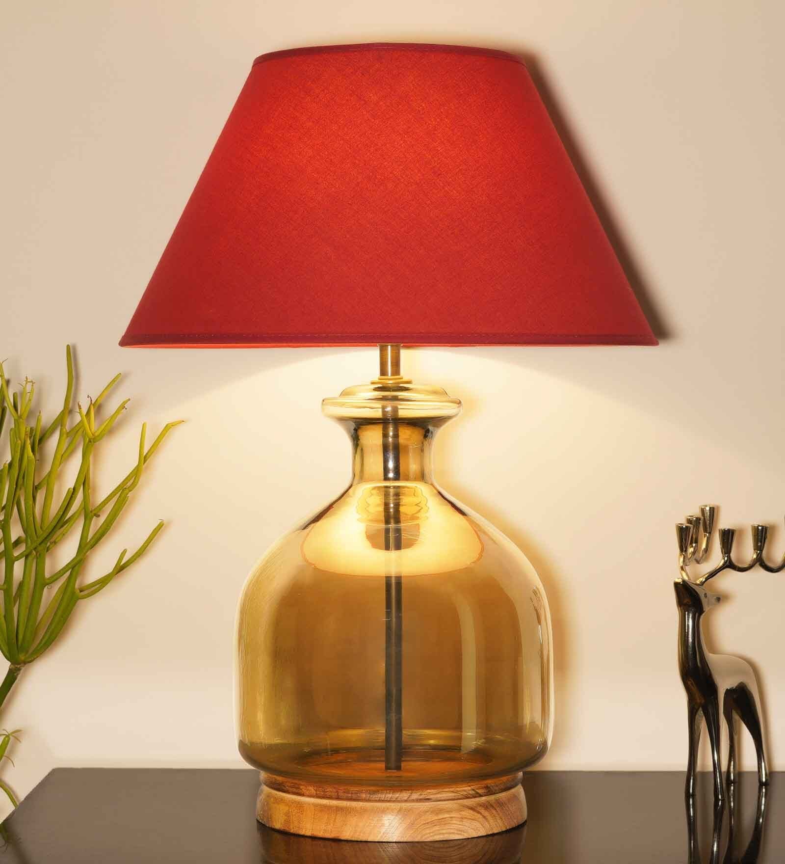 Kilda Maroon Cotton Shade Night Lamp With Glass & Wood Base