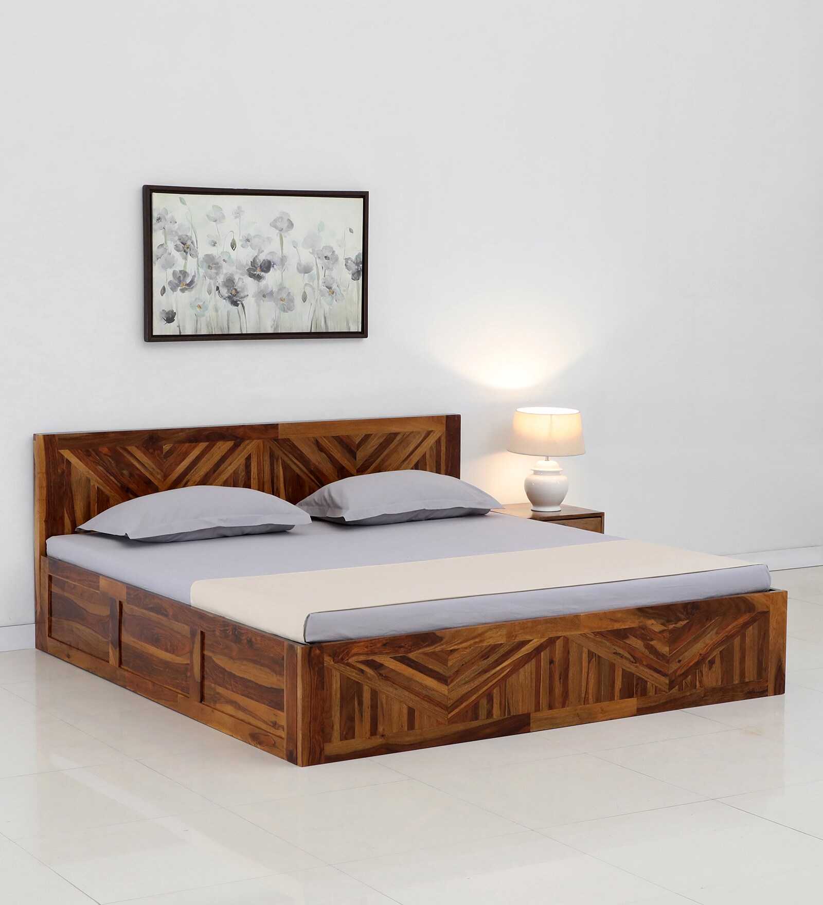 Gamma Sheesham Wood King Size Bed in Light Honey Finish With Box Storage