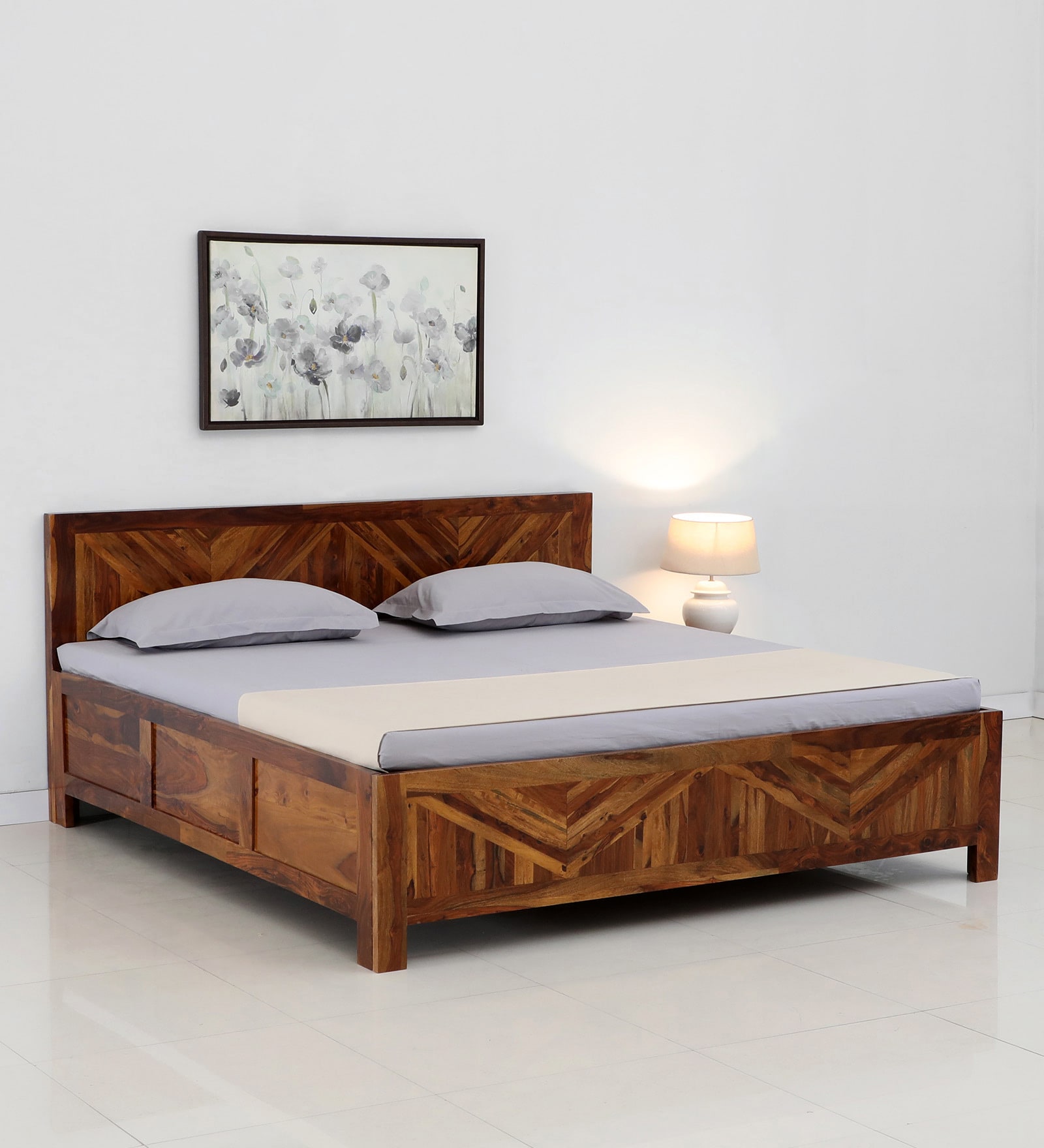 Buy Alpha Sheesham Wood Queen Size Bed In Light Honey Finish With Box ...