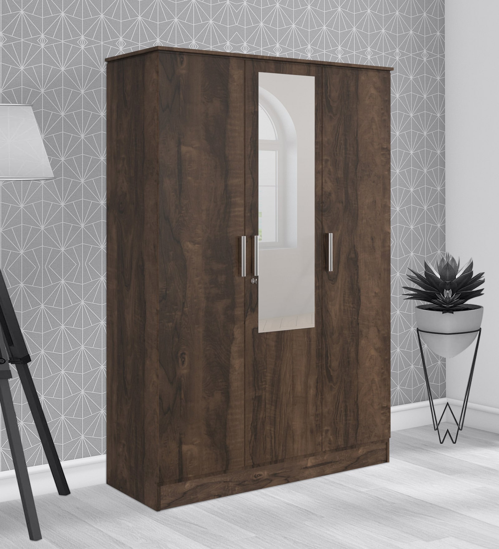 Alpha 3 Door Wardrobe With Mirror In Choco Walnut Finish