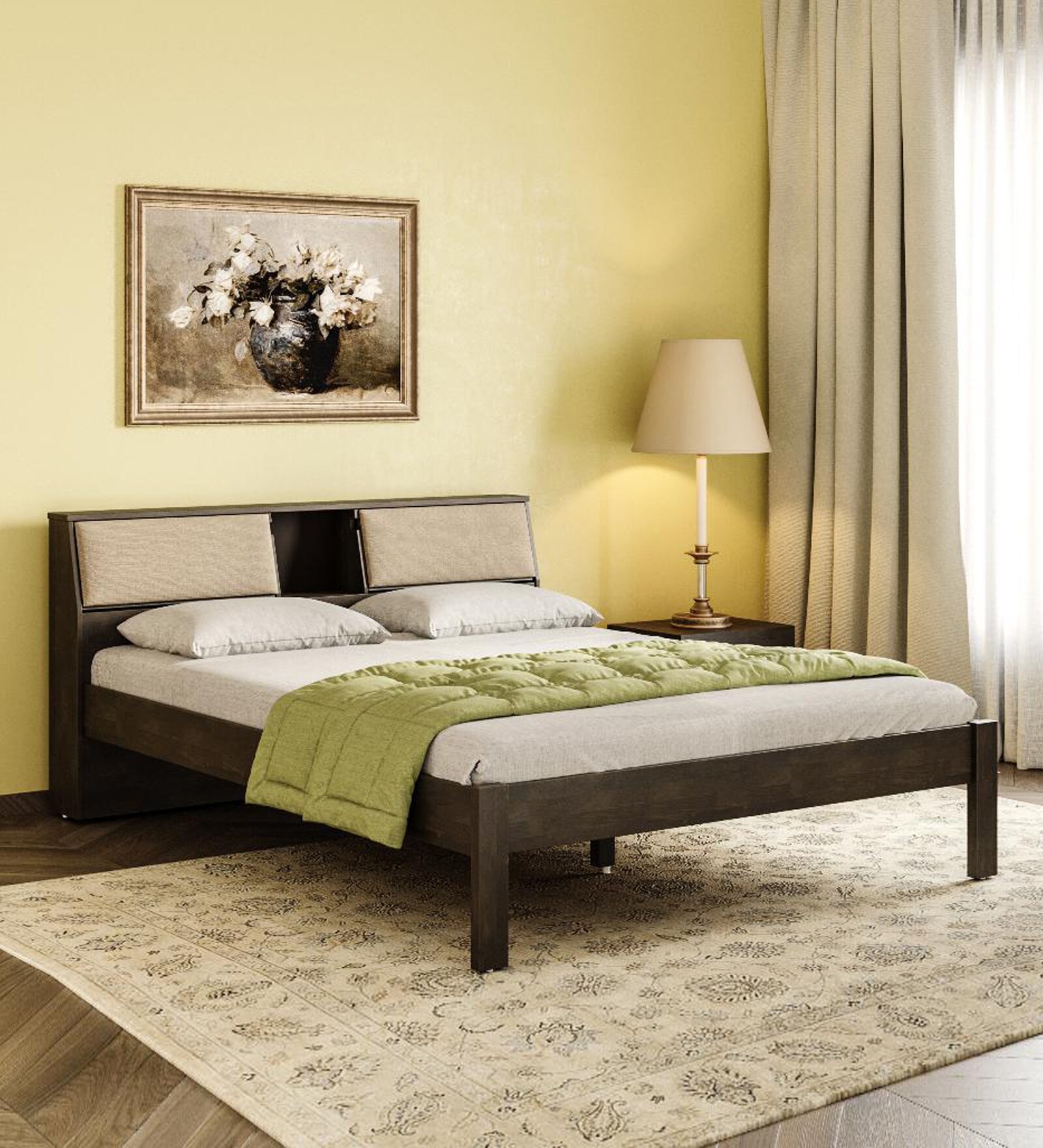 Alphard Solid Wood Queen Size Bed In Smoked Brown Colour