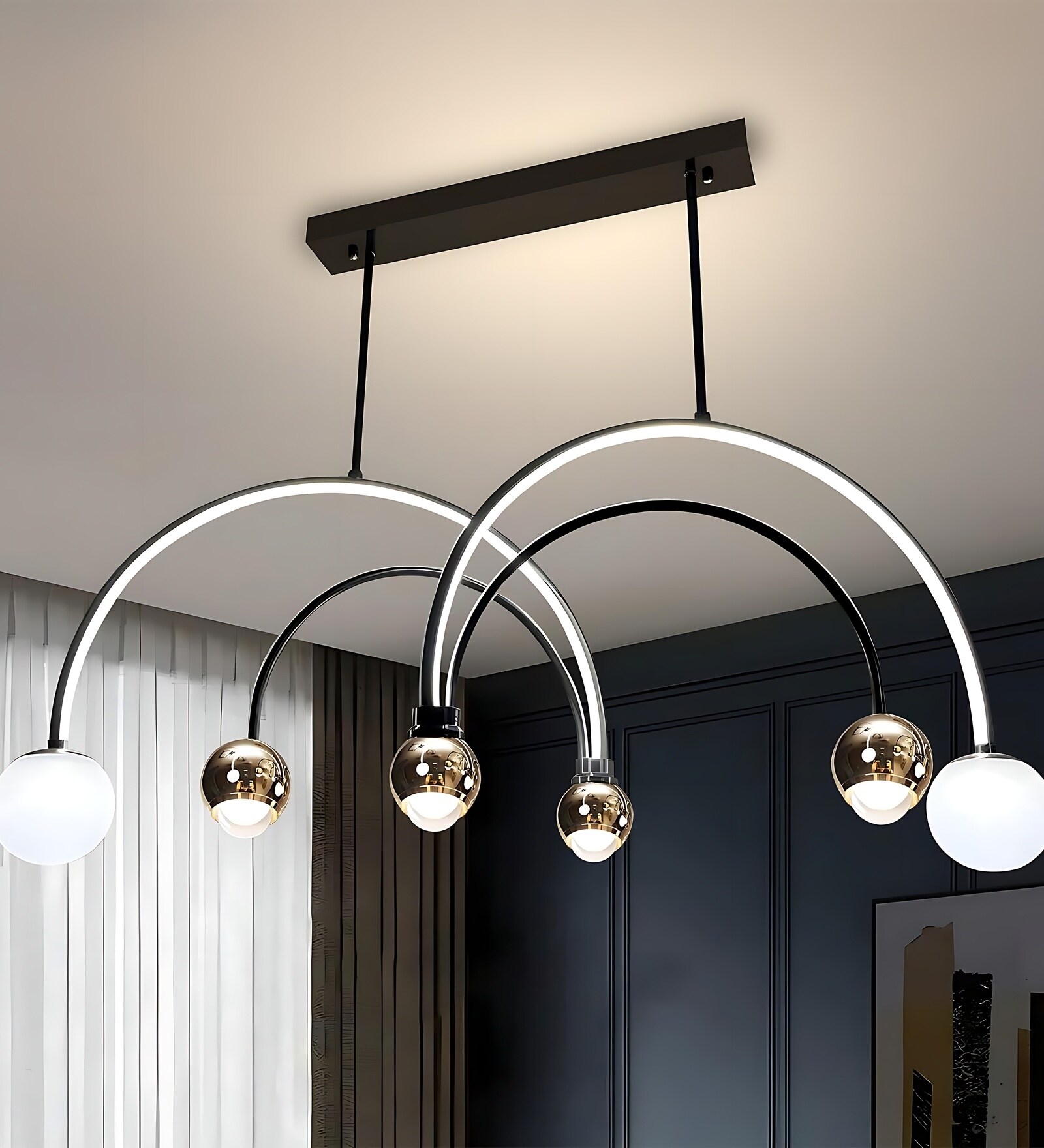 Alpher 56W Arched Modern LED Chandelier Ceiling Light, Black & Gold Intersecting Arms, Luxury Jhoomar Light, Pendant Light for Living Room Bedroom Hall Decor
