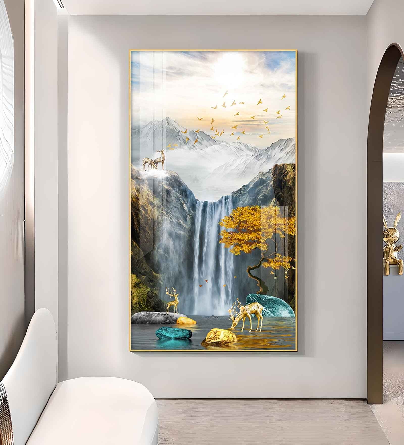 Alpine Gold Reindeer Waterfall Glass Finish Vertical Wall Art
