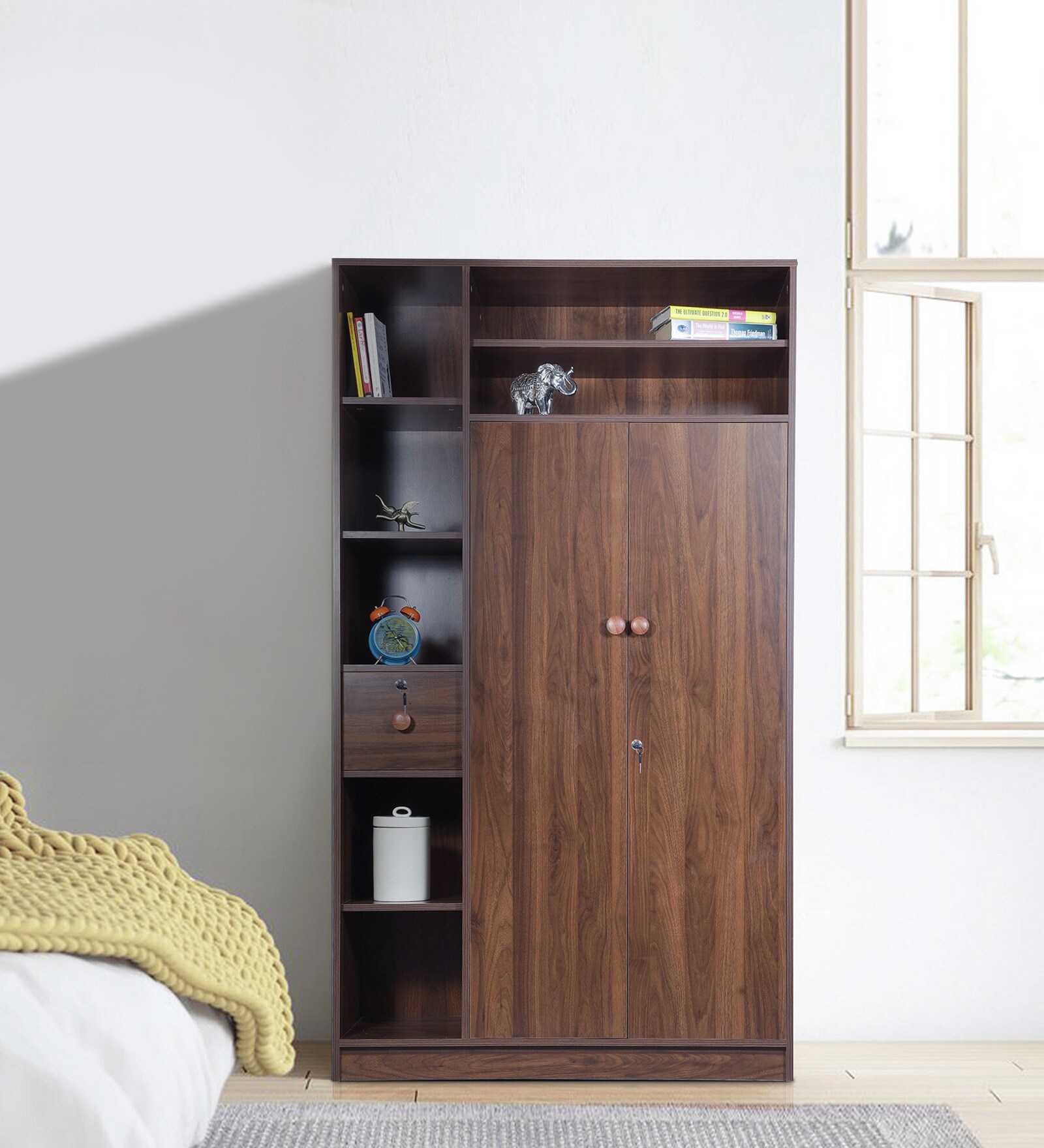 Alton 2 Door Wardrobe In Walnut Finish With Storage