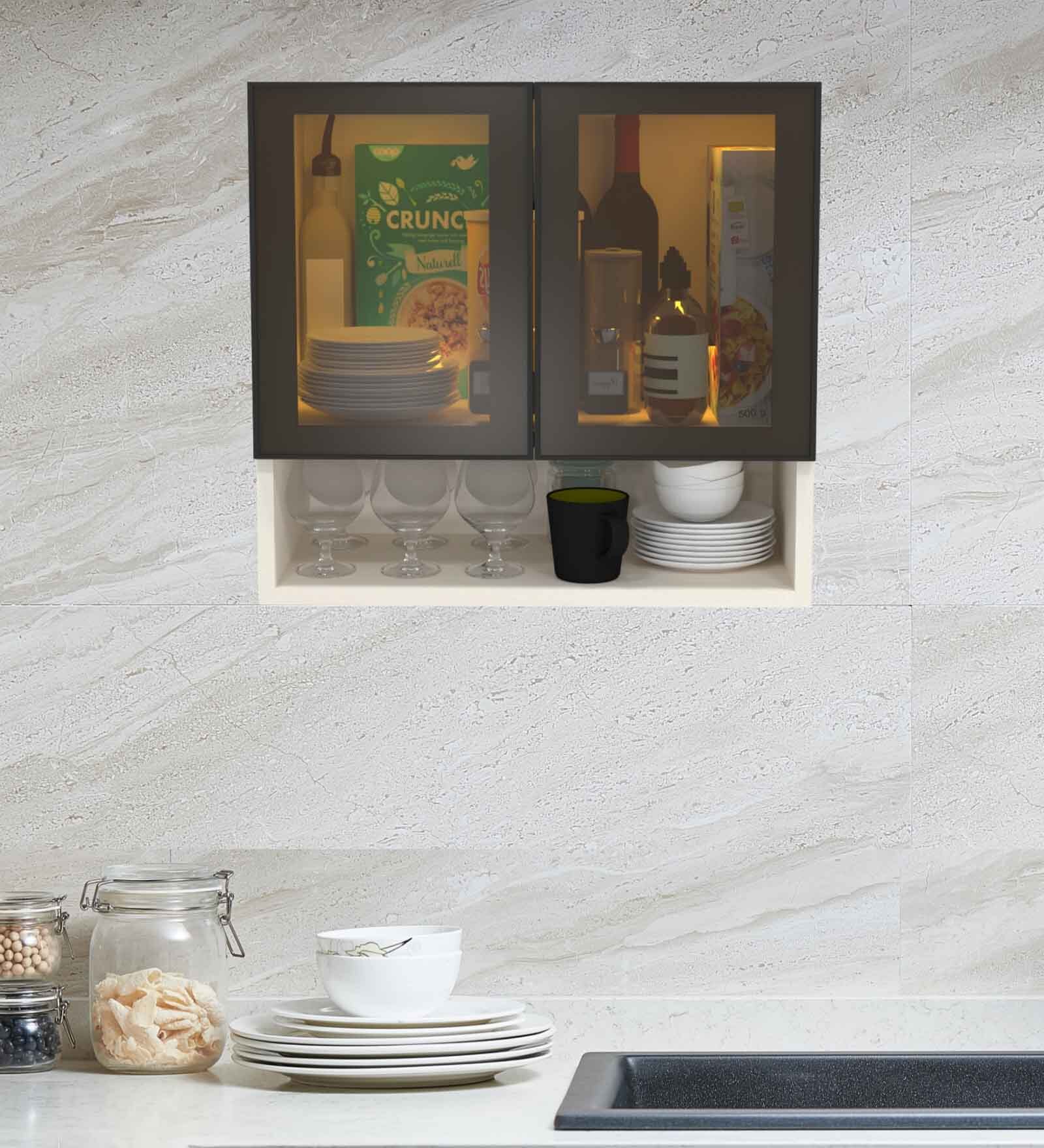 Aluminium Black Profile 2 Brown Tinted Glass handless shutter with Space Organizer in Highland Pine Finish