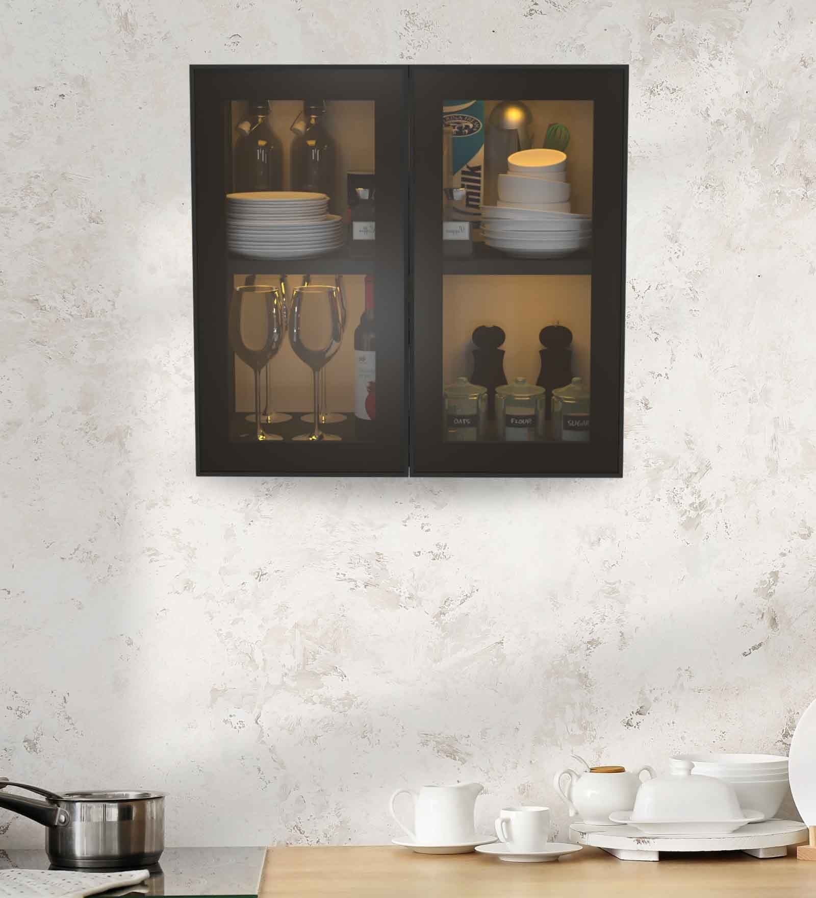 Aluminium Black Profile 2 Brown Tinted Glass handless shutters Wall Cabinet in Slate Grey Finish