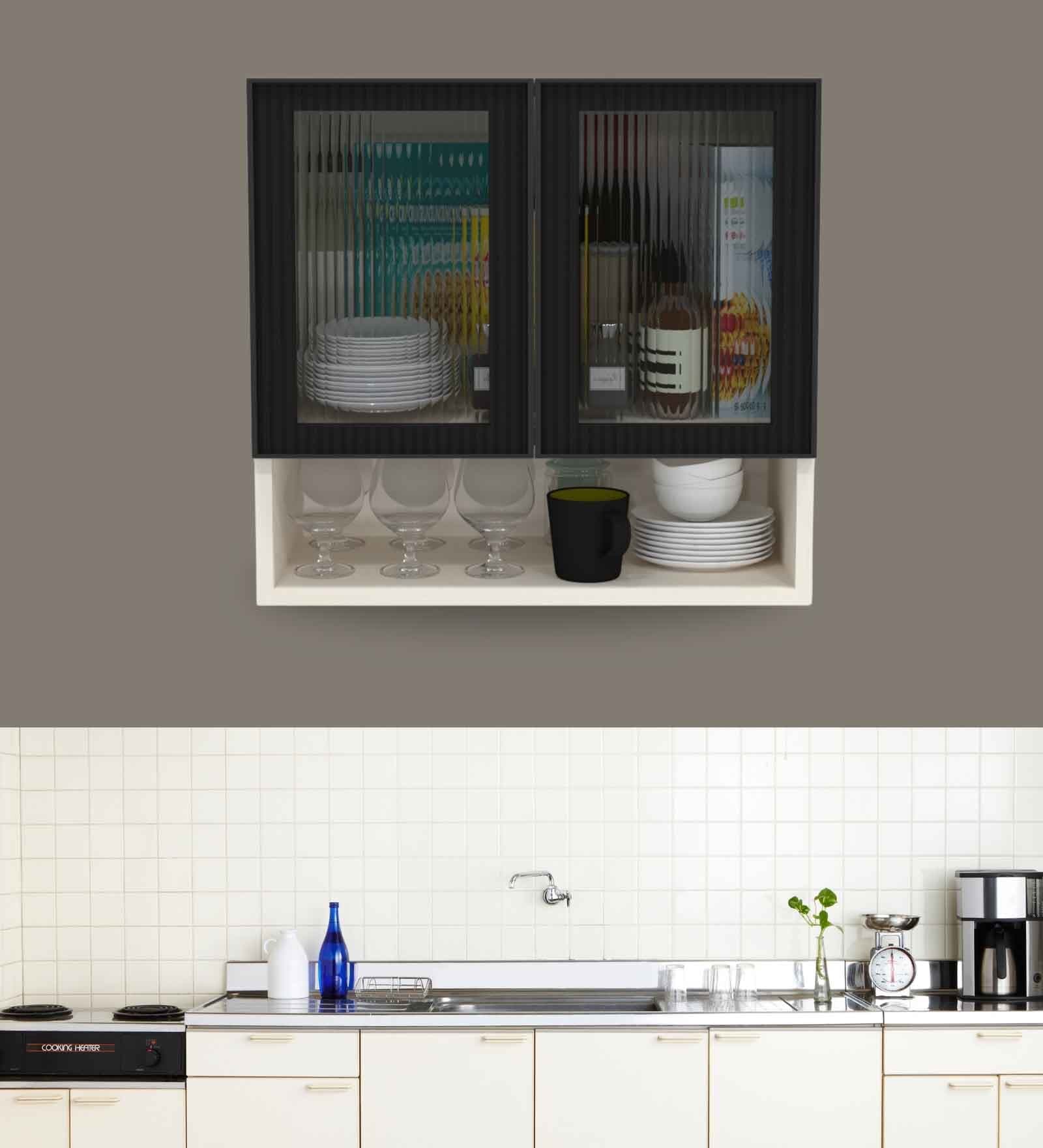 Aluminium Black Profile 2 Fluted Glass handless shutter with Space Organizer in Highland Pine Finish