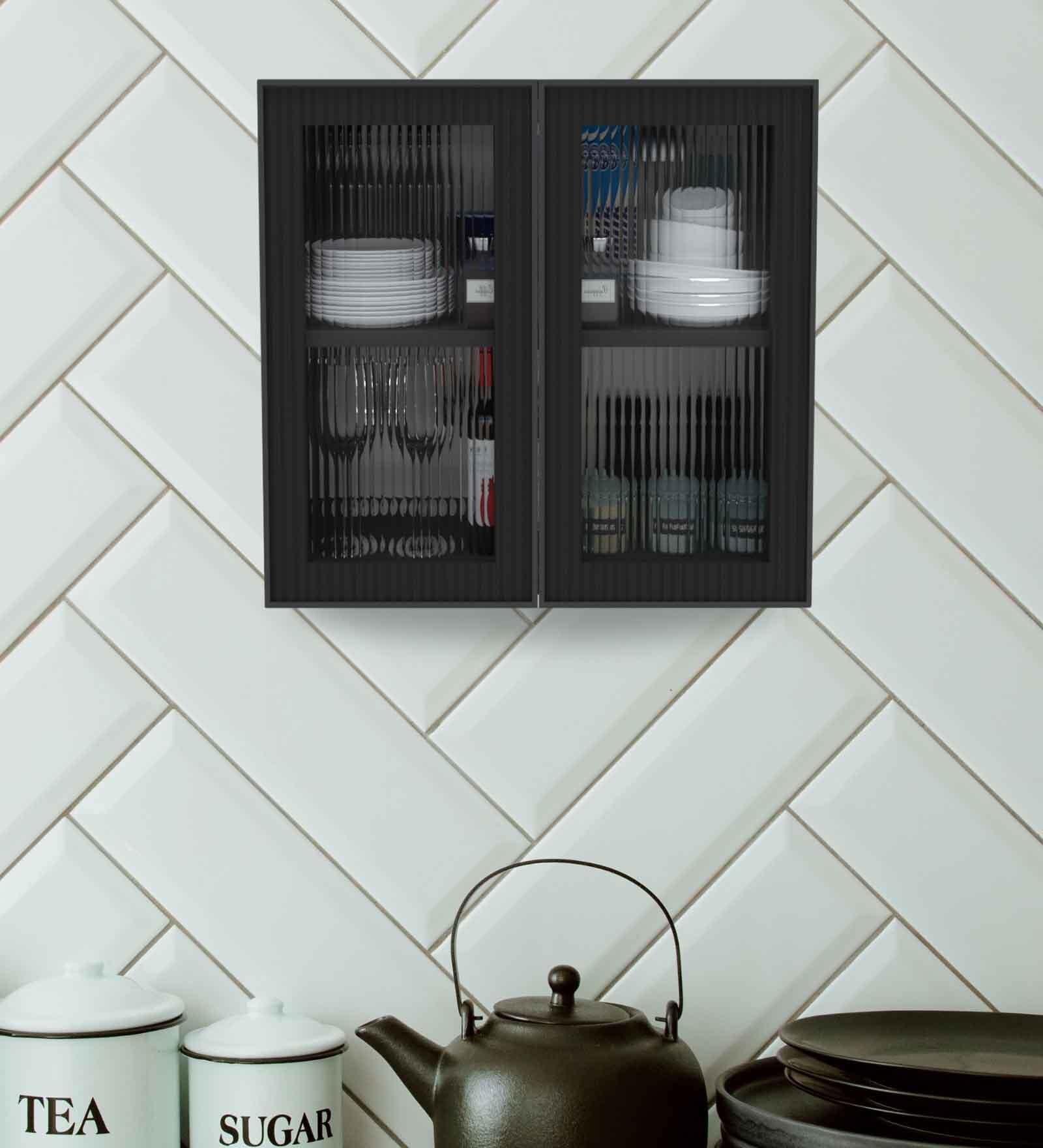 Aluminium Black Profile 2 Fluted Glass handless shutters Wall Cabinet in Slate Grey Finish