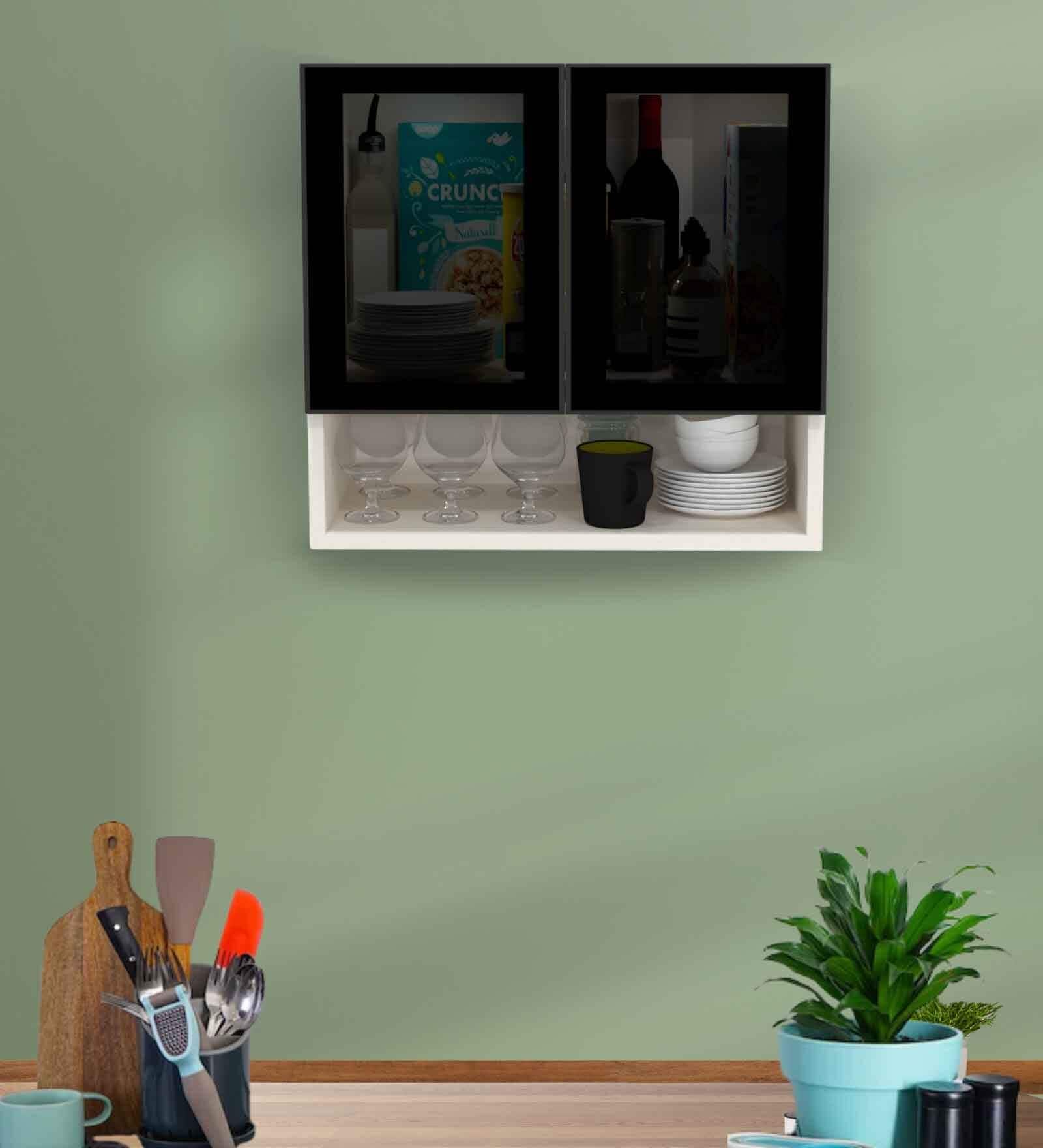 Aluminium Black Profile 2 Grey Tinted Glass handless shutter with Space Organizer in Highland Pine Finish
