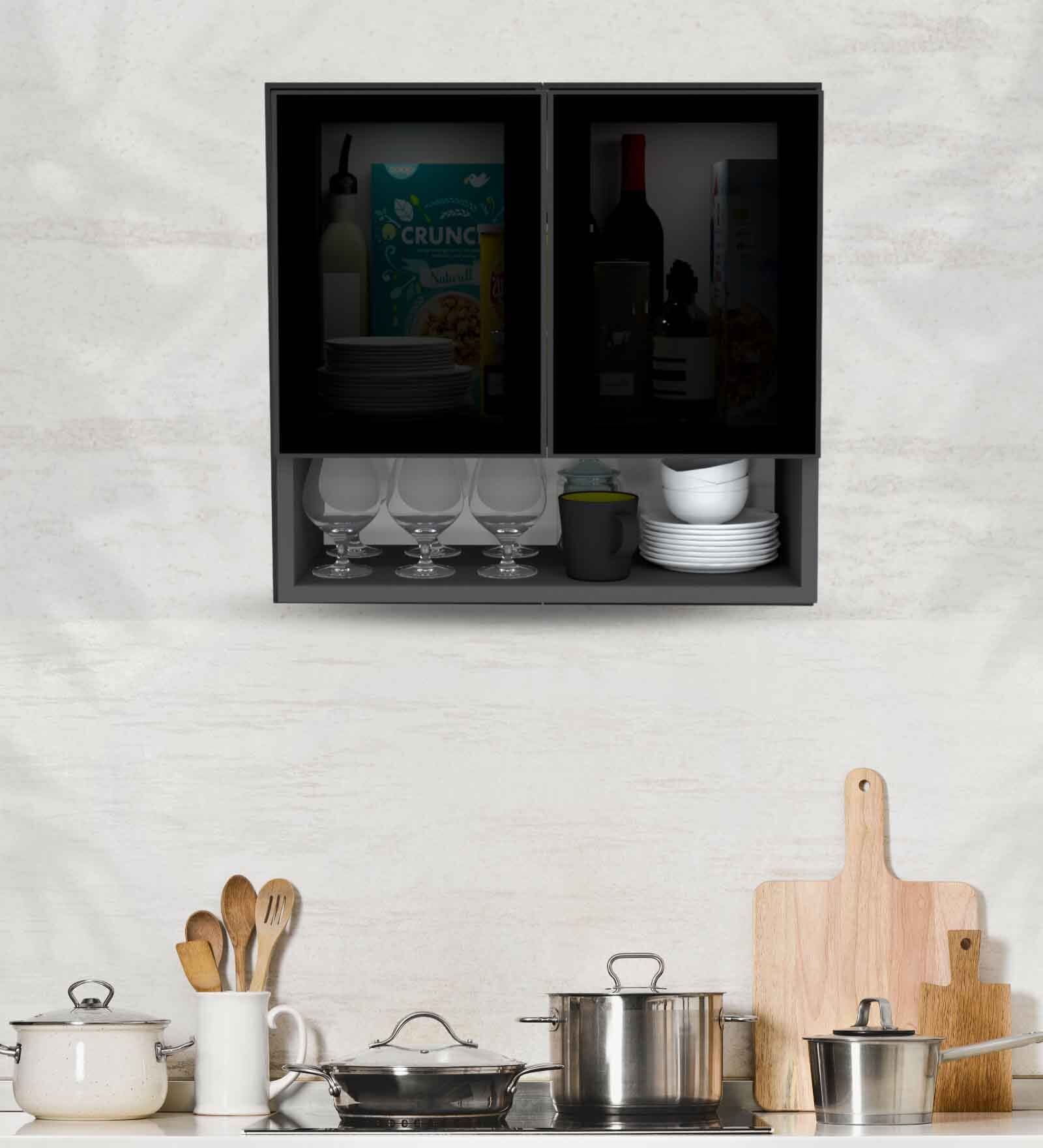 Aluminium Black Profile 2 Grey Tinted Glass handless shutter with Space Organizer in Slate Grey Finish