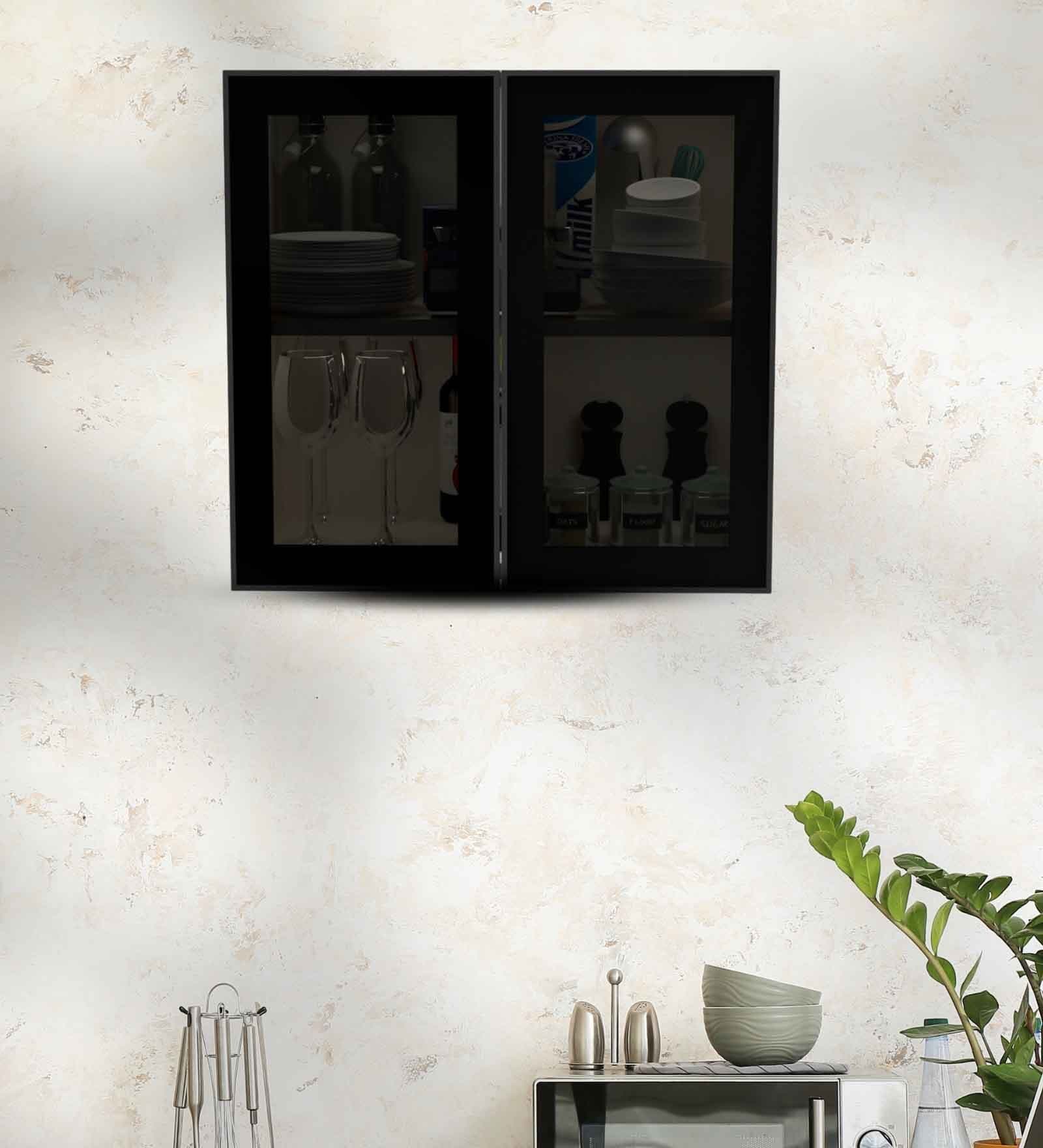 Aluminium Black Profile 2 Grey Tinted Glass handless shutters Wall Cabinet in Highland Pine Finish
