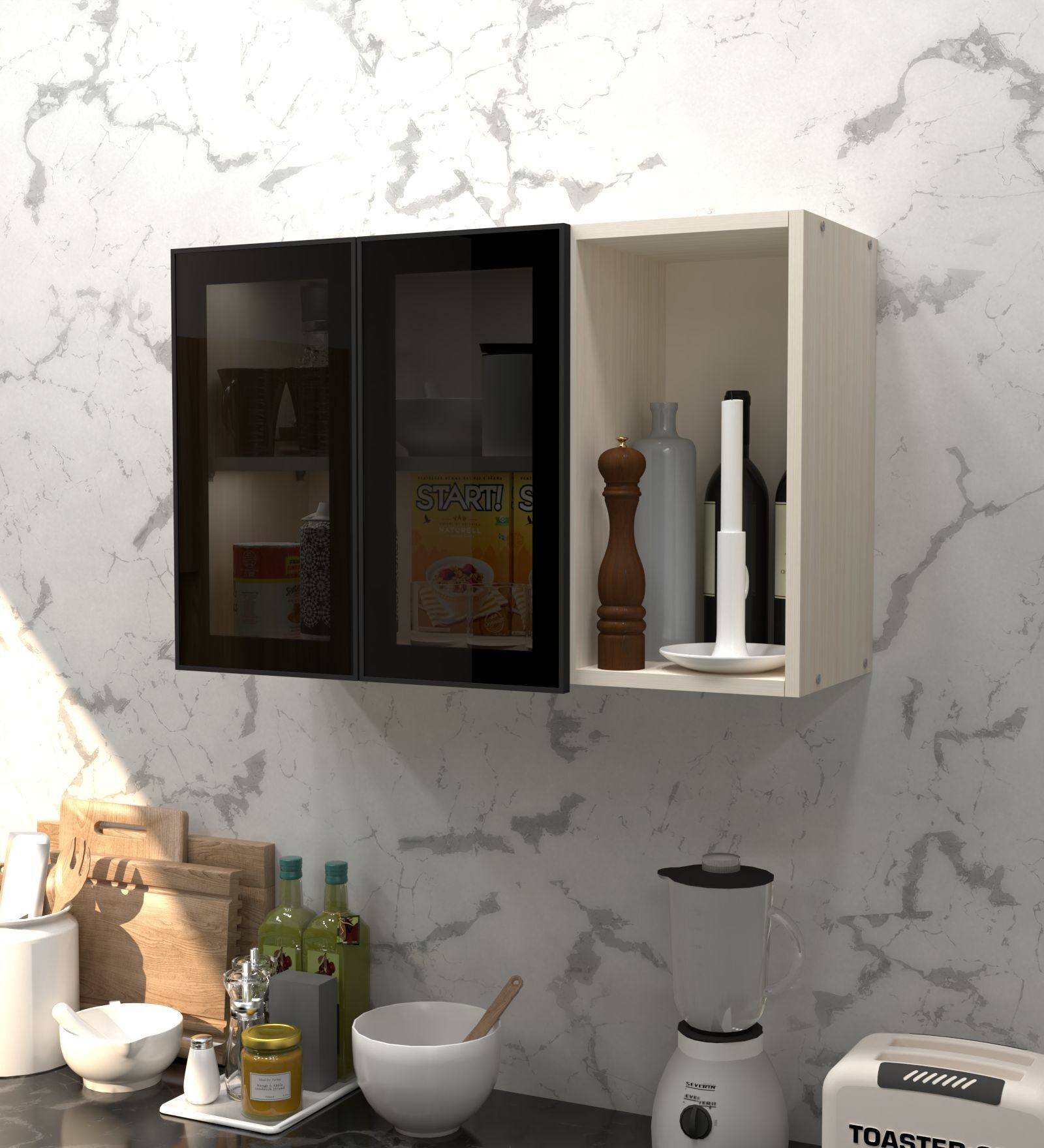 Aluminium Black Profile 2 Grey Tinted Glass handless shutters Wall Cabinet in Highland Pine Finish