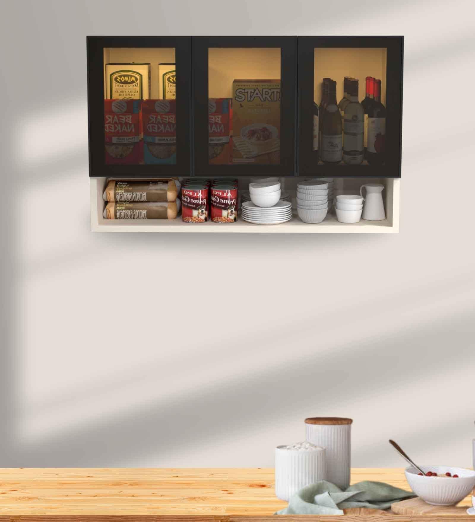 Aluminium Black Profile 3 Brown Tinted Glass handless shutter with Space Organizer in Highland Pine Finish