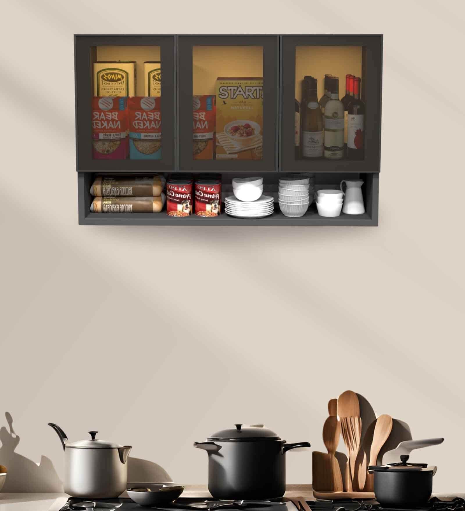 Aluminium Black Profile 3 Brown Tinted Glass handless shutter with Space Organizer in Slate Grey Finish