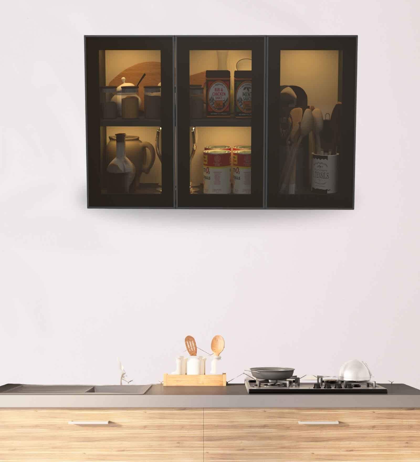 Aluminium Black Profile 3 Brown Tinted Glass handless shutters Wall Cabinet in Slate Grey Finish