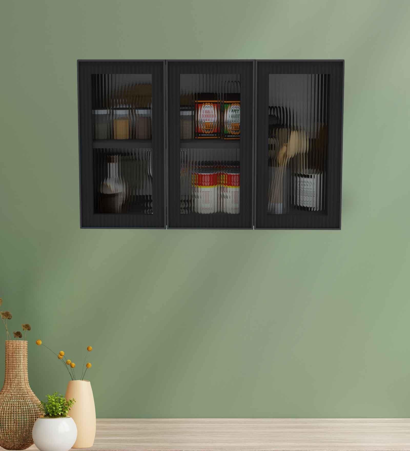 Aluminium Black Profile 3 Fluted Glass handless shutters Wall Cabinet in Slate Grey Finish
