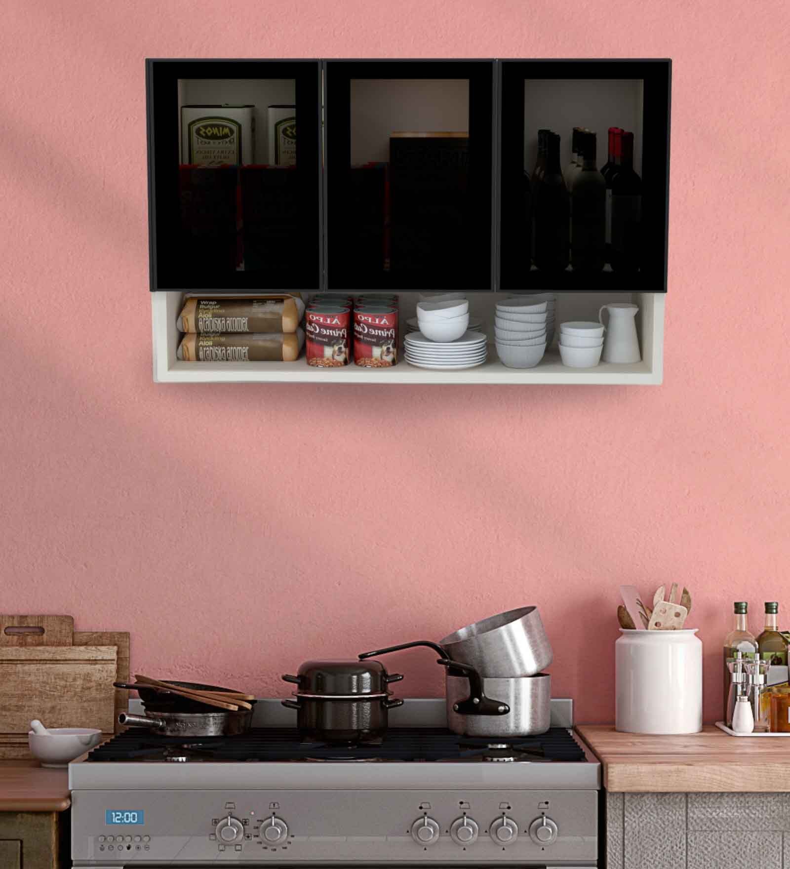 Aluminium Black Profile 3 Grey Tinted Glass handless shutter with Space Organizer in Highland Pine Finish