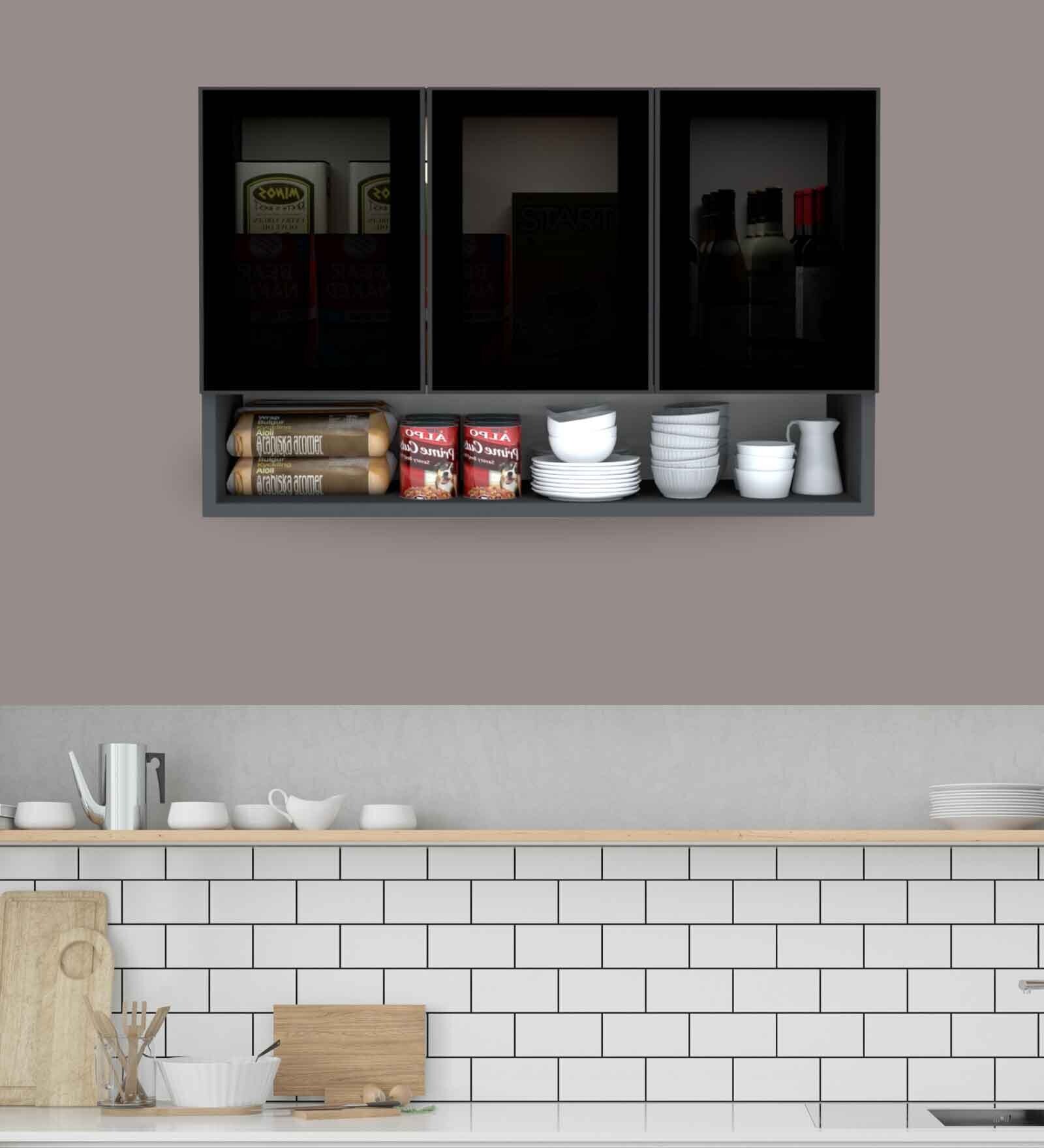 Aluminium Black Profile 3 Grey Tinted Glass handless shutter with Space Organizer in Slate Grey Finish