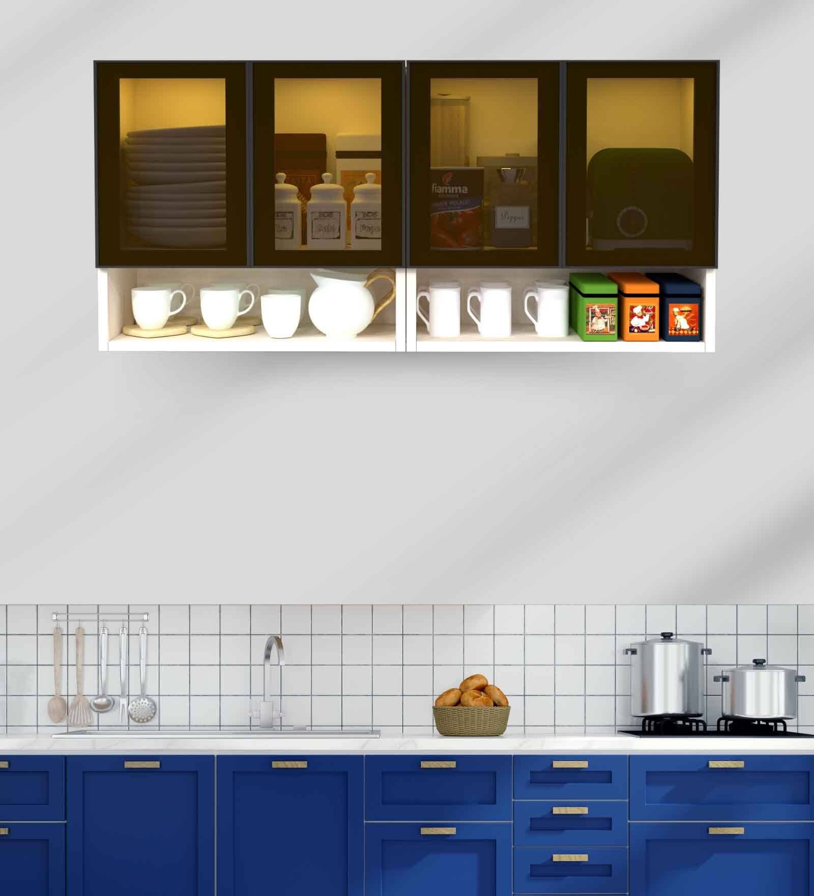 Aluminium Black Profile 4 Brown Tinted Glass handless shutter with Space Organizer in Highland Pine Finish