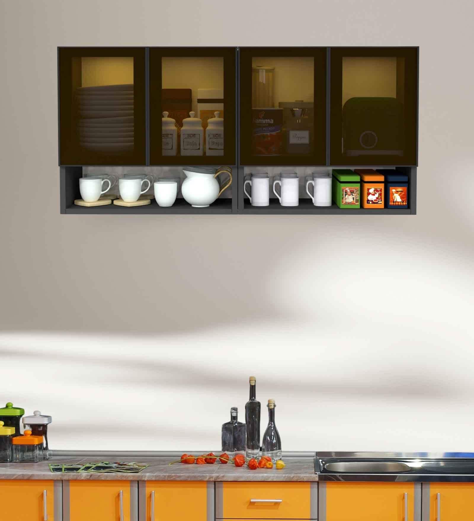 Aluminium Black Profile 4 Brown Tinted Glass handless shutter with Space Organizer in Slate Grey Finish