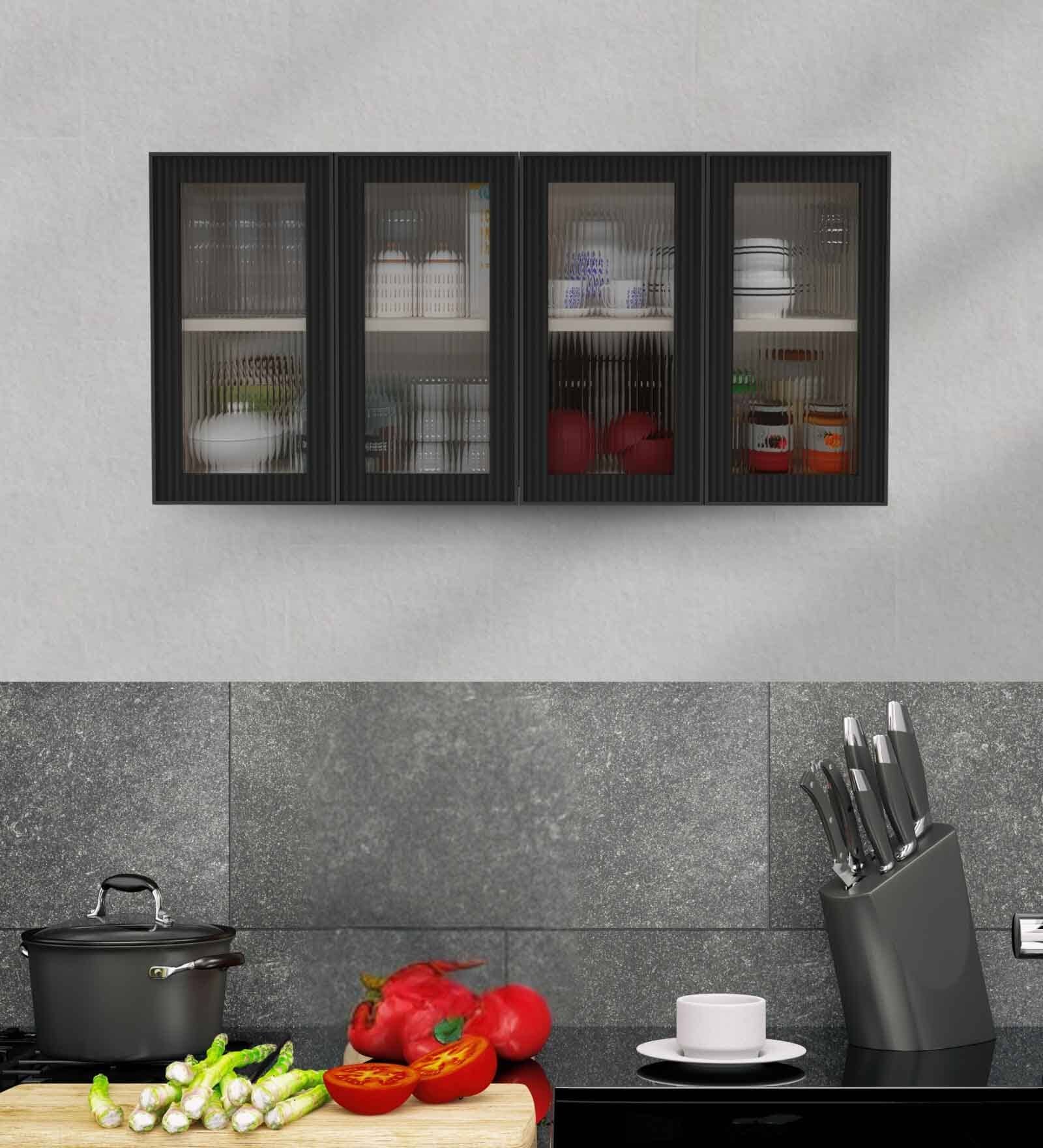 Aluminium Black Profile 4 Fluted Glass handless shutters Wall Cabinet in Highland Pine Finish