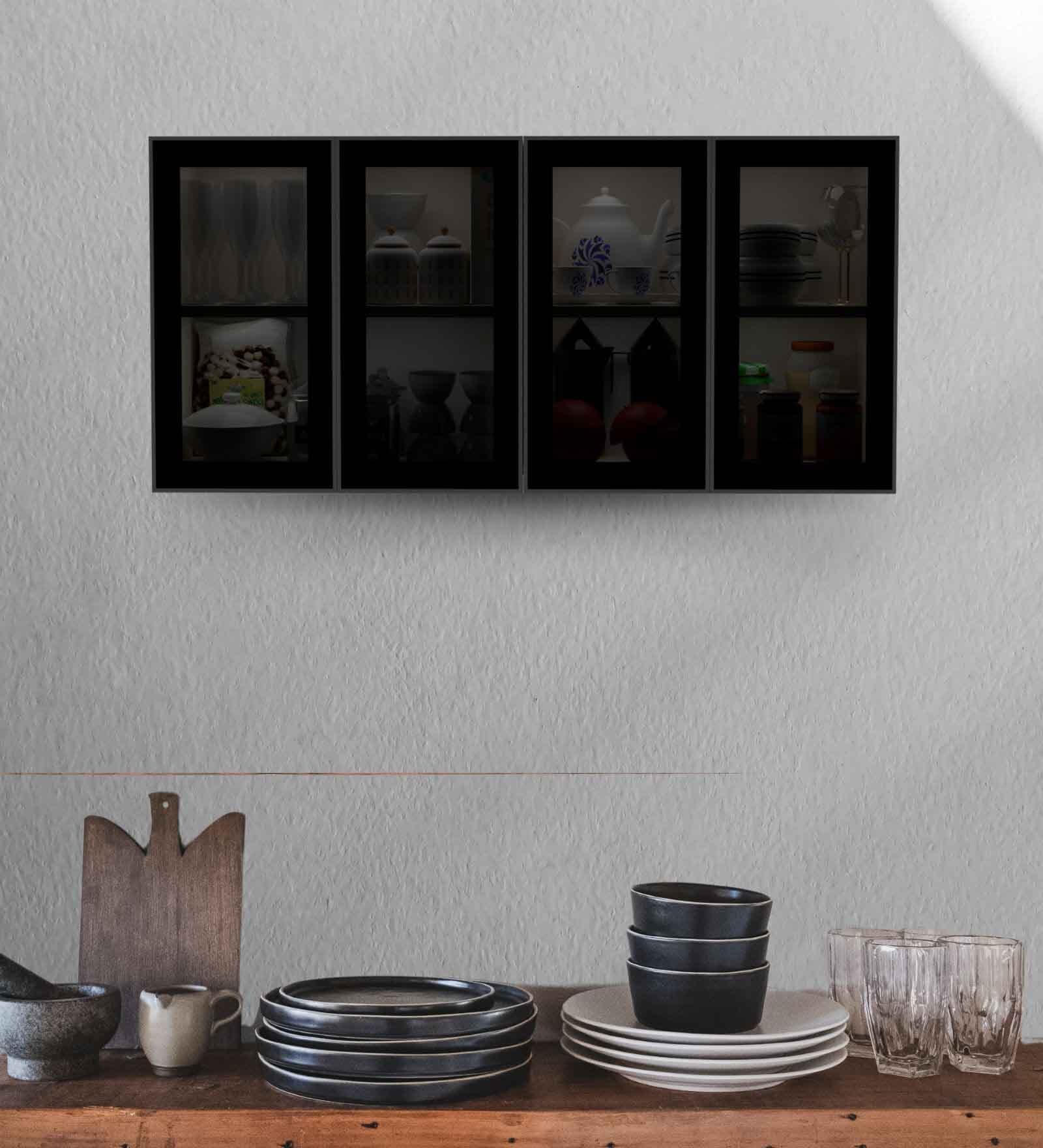 Aluminium Black Profile 4 Grey Tinted Glass handless shutters Wall Cabinet in Highland Pine Finish