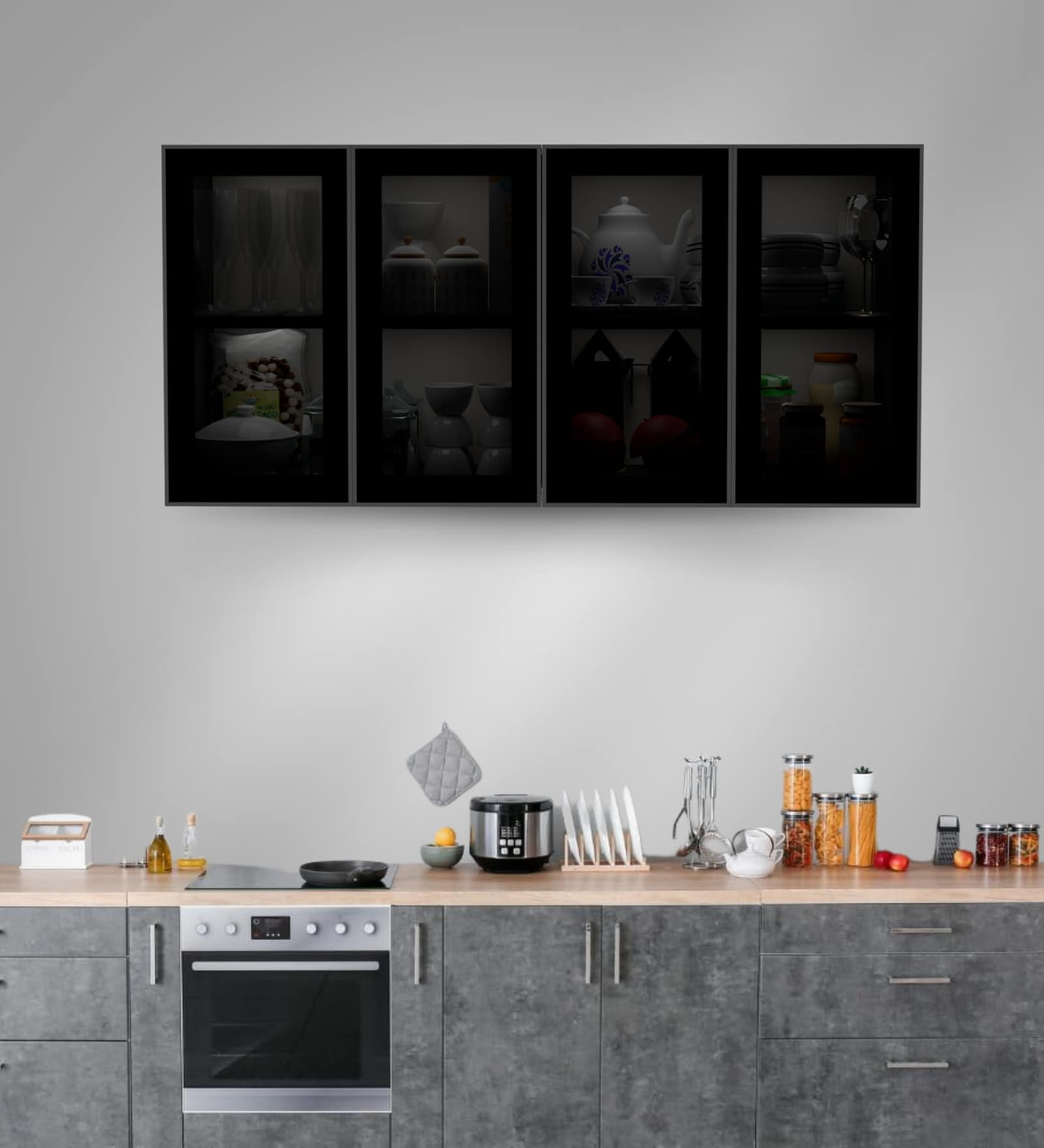 Aluminium Black Profile 4 Grey Tinted Glass handless shutters Wall Cabinet in Slate Grey Finish